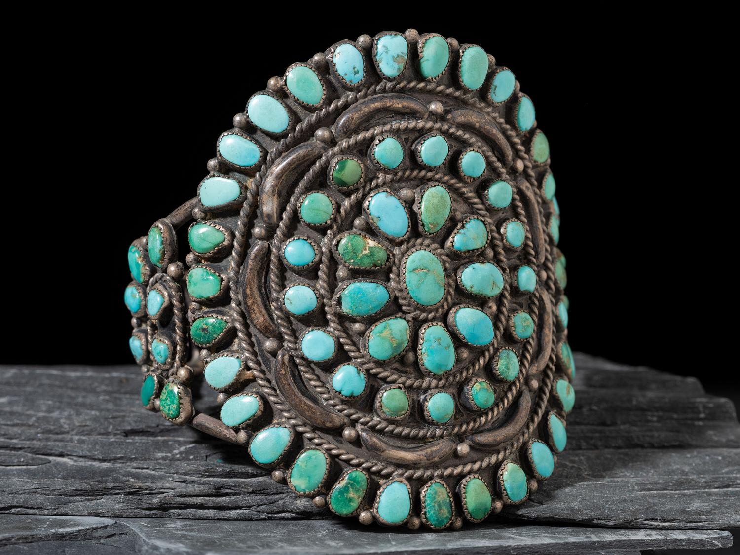 Navajo Silver and Turquoise Cluster Cuff Bracelet