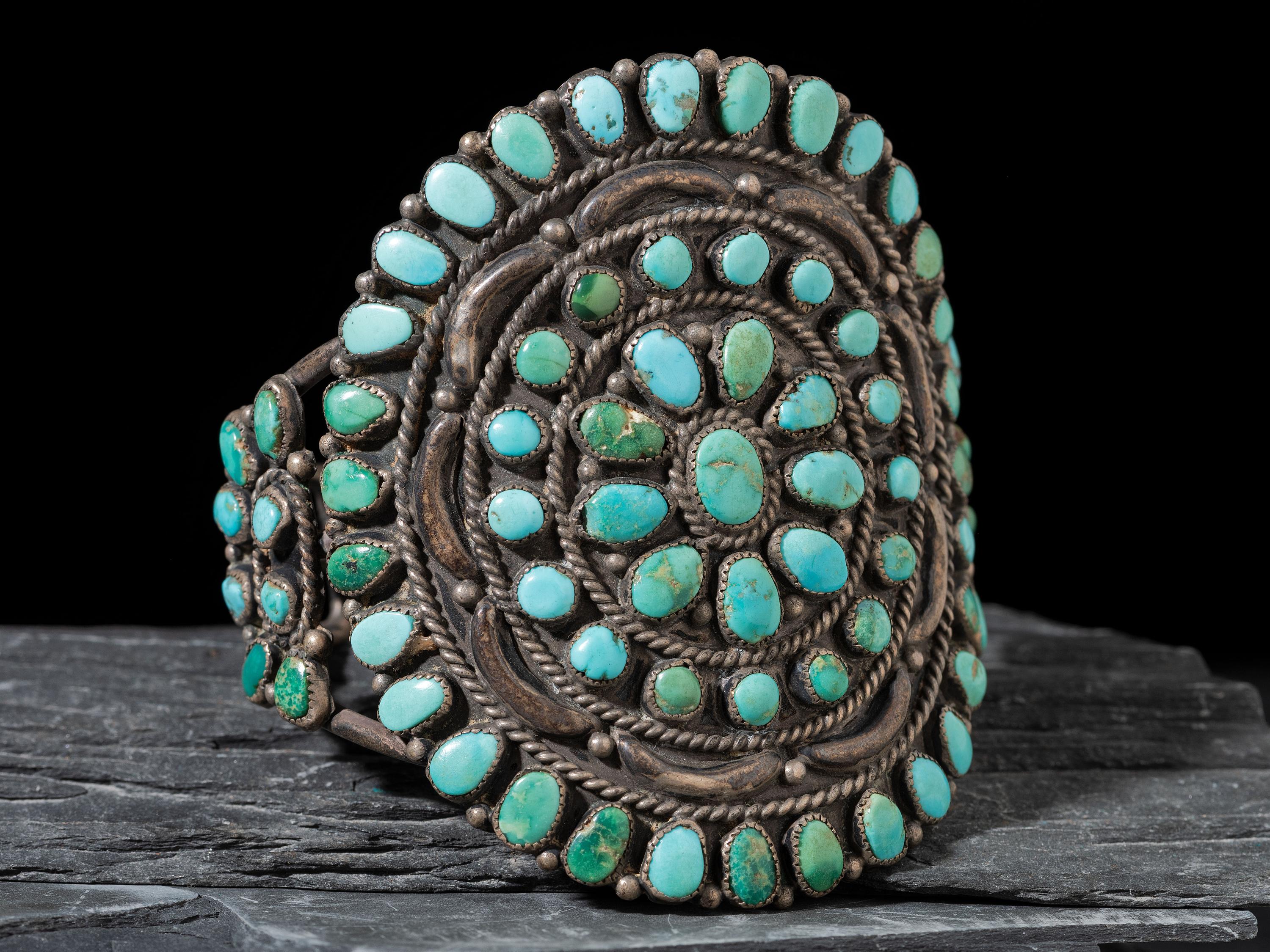 Navajo Silver and Turquoise Cluster Cuff Bracelet