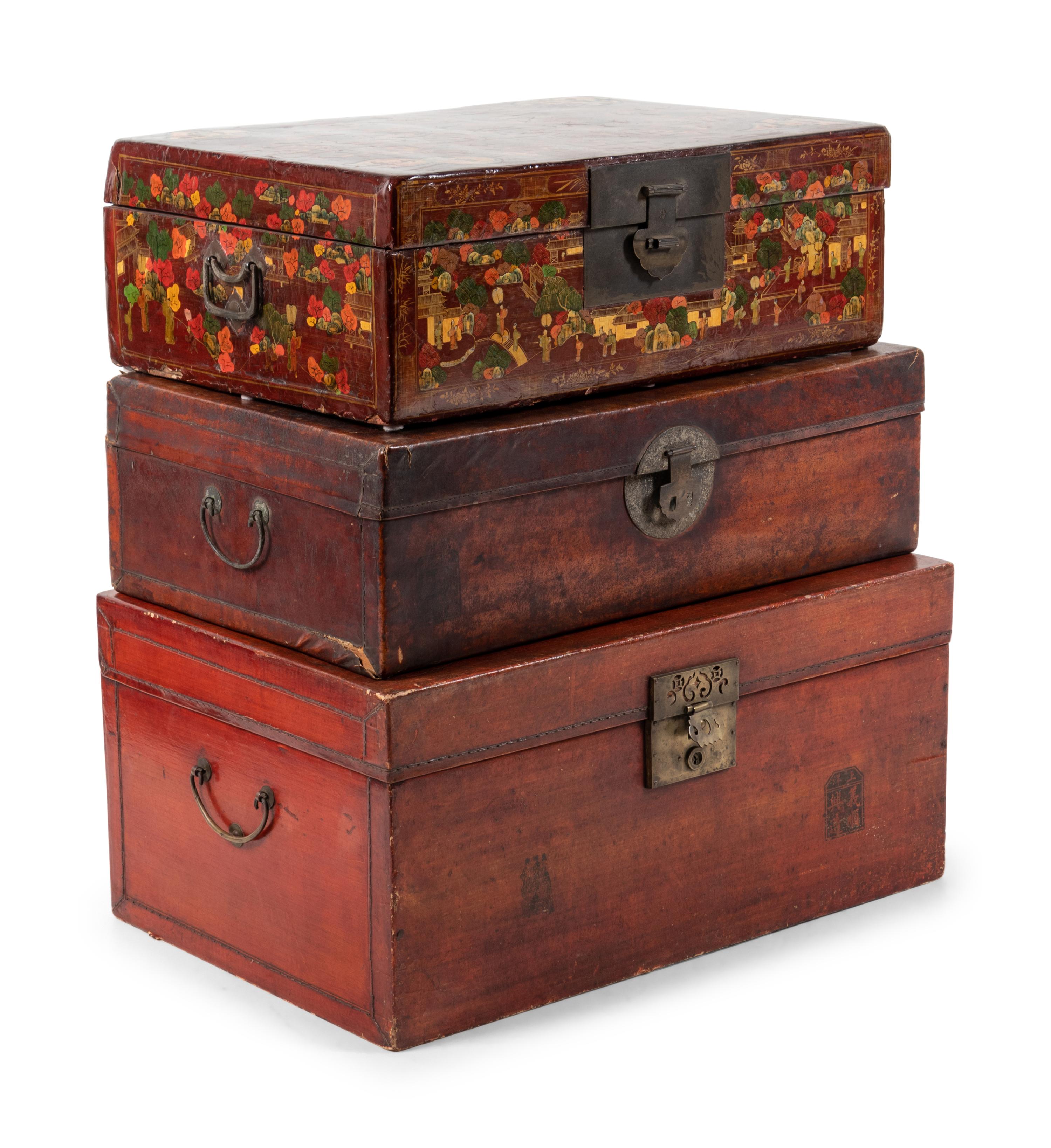 Three Chinese Export Leather-Veneered Trunks