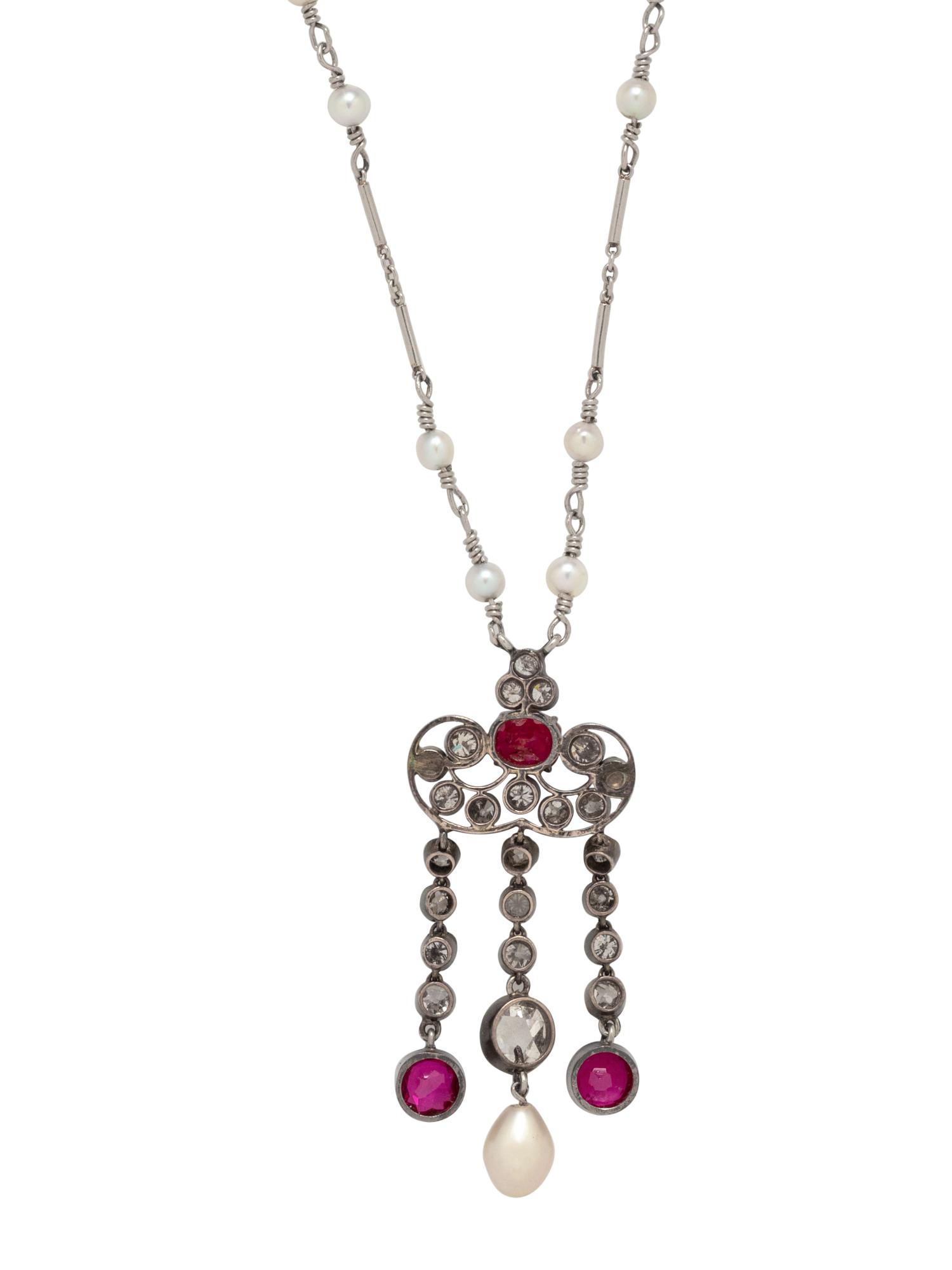 ANTIQUE, RUBY, DIAMOND AND PEARL NECKLACE