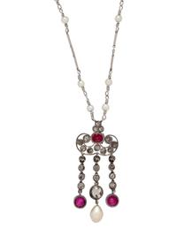 ANTIQUE, RUBY, DIAMOND AND PEARL NECKLACE