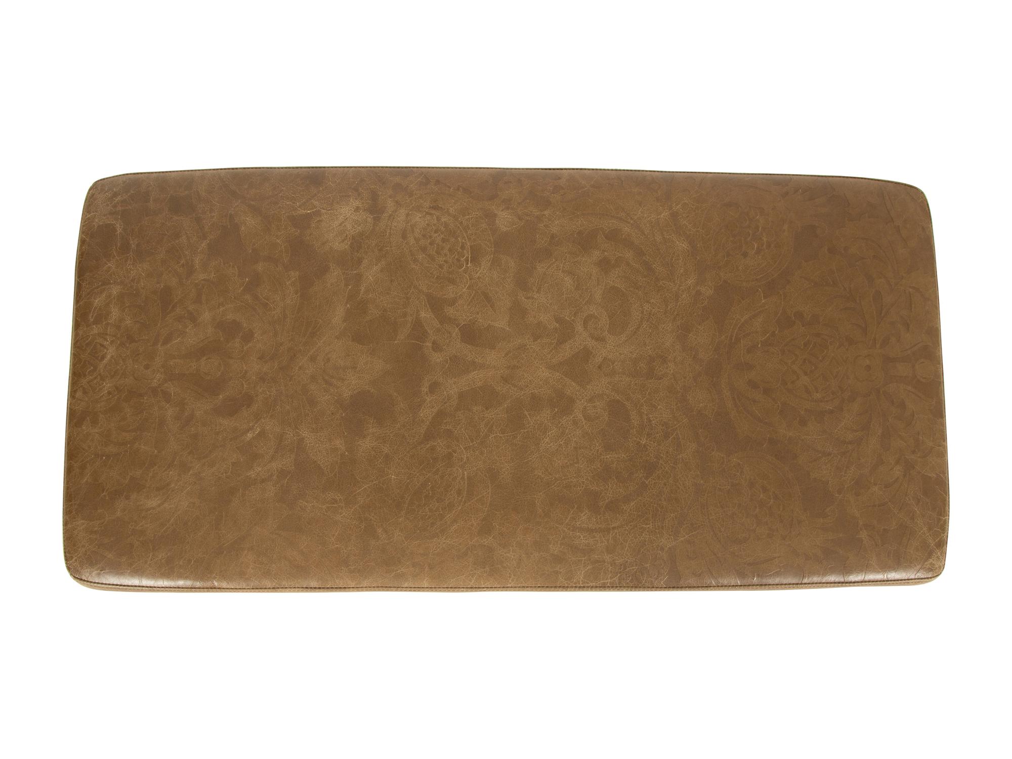 A William Switzer Burled Olivewood Bench with Tooled Leather Upholstered Seat — 20th Century