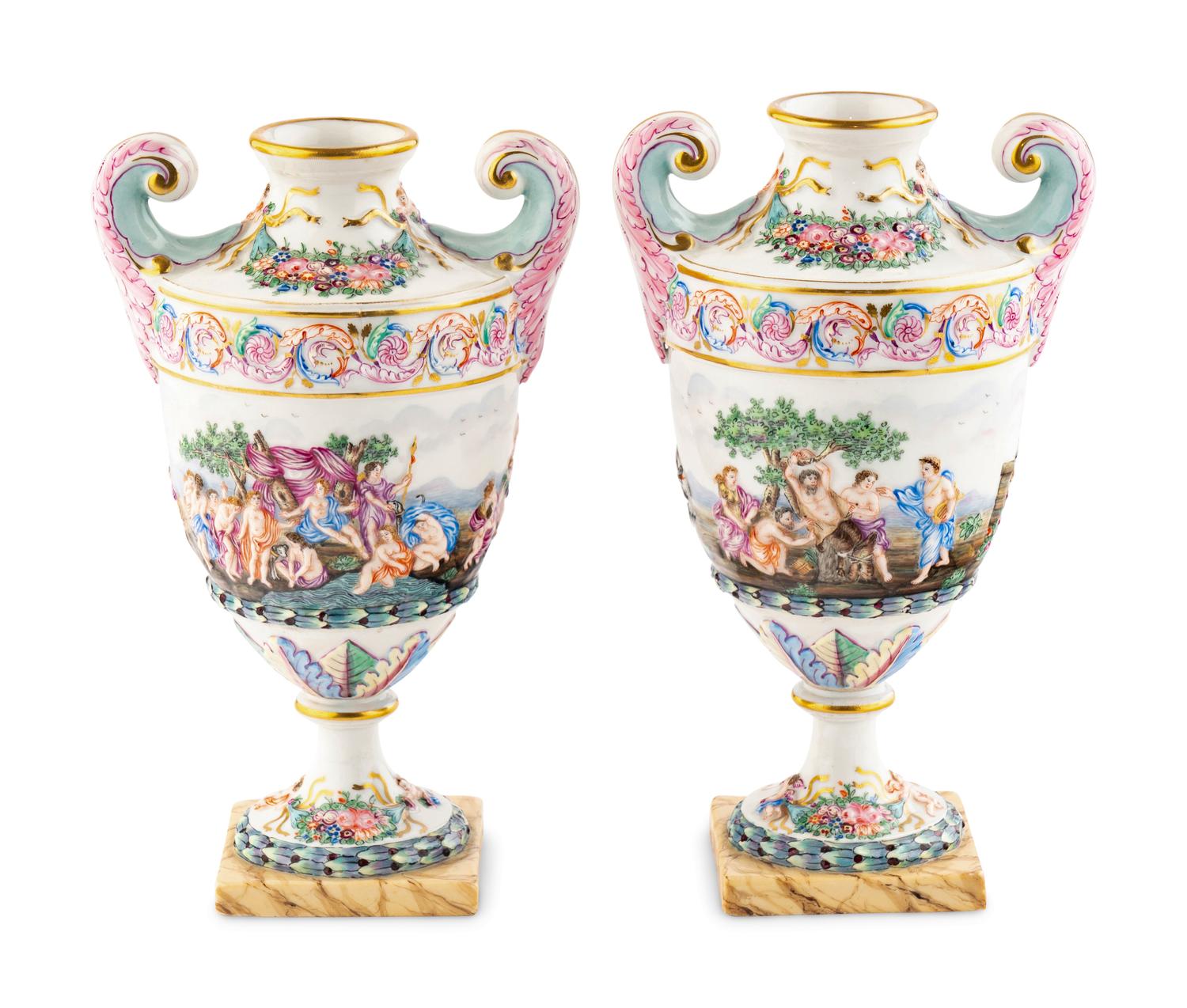 A Pair of Capodimonte Style Urns