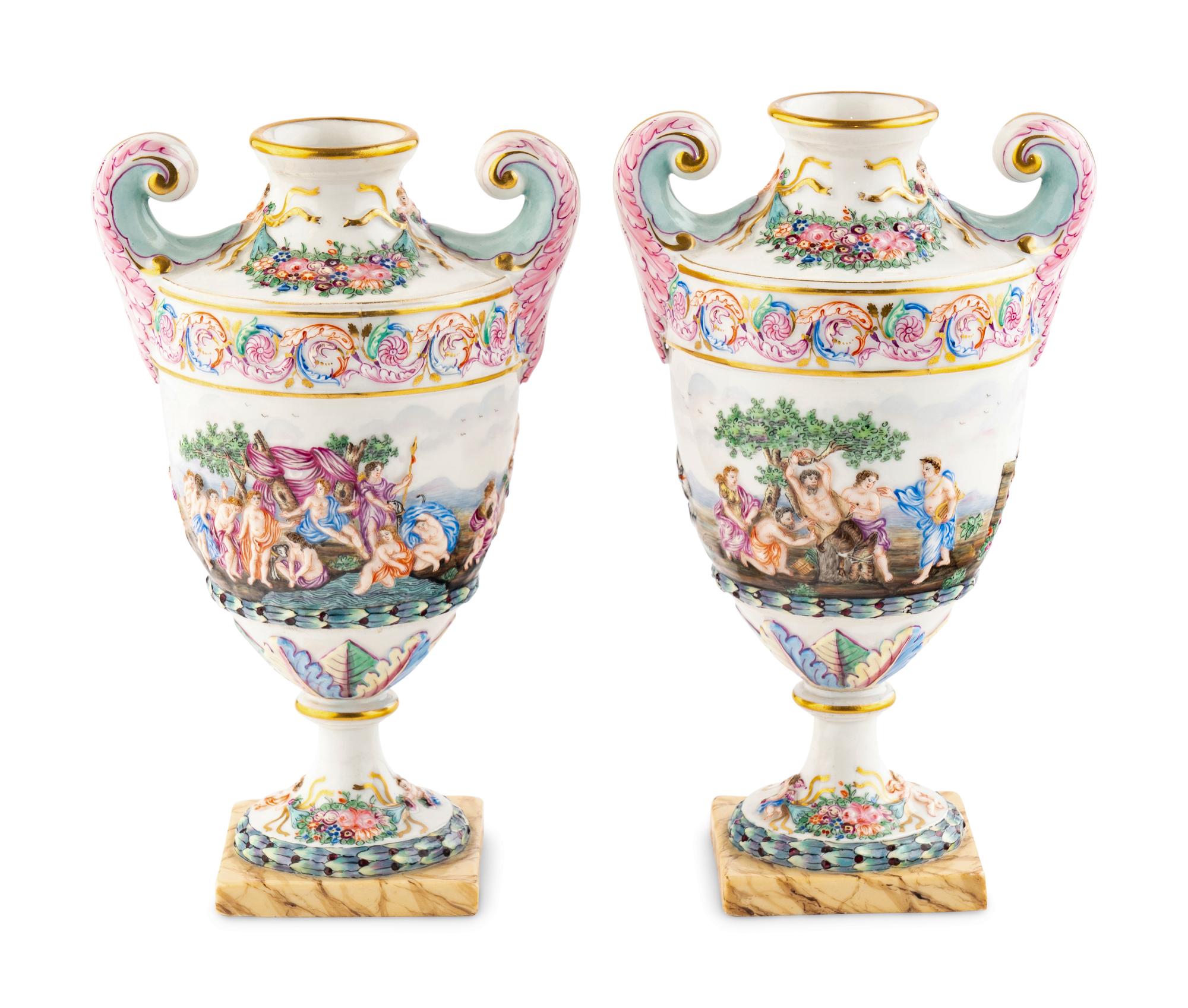 A Pair of Capodimonte Style Urns