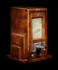 A Unique 10 Cent Exhibit Card Vending Machine with Mickey Mantle Card in Window and 18 Additional Baseball Cards
