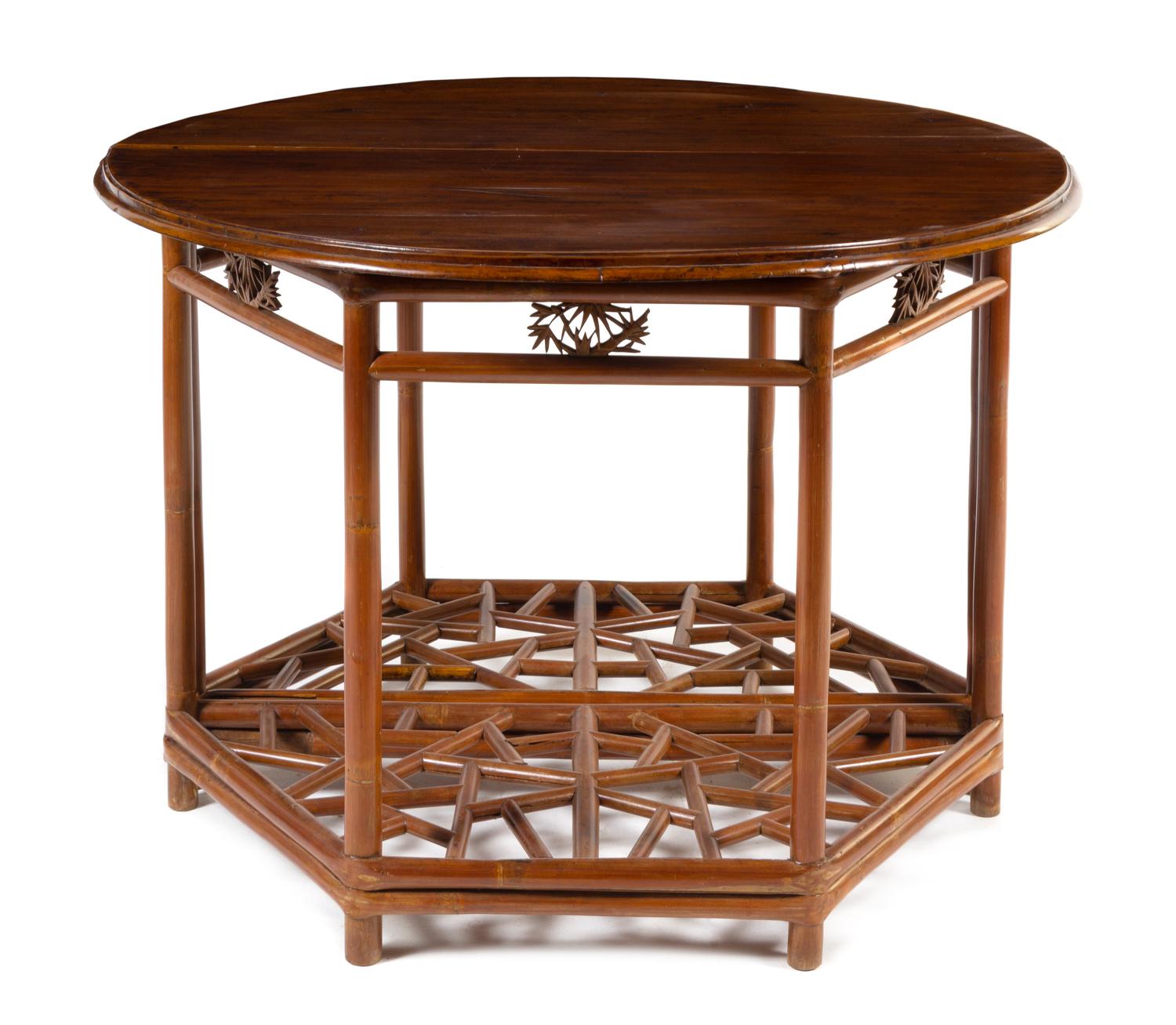 A Pair of Chinese Hardwood and Bamboo Demi-Lune Console Tables, Yueyazhuo Width 46 x height 32 1/4 x depth 23 inches. — LATE QING DYNASTY