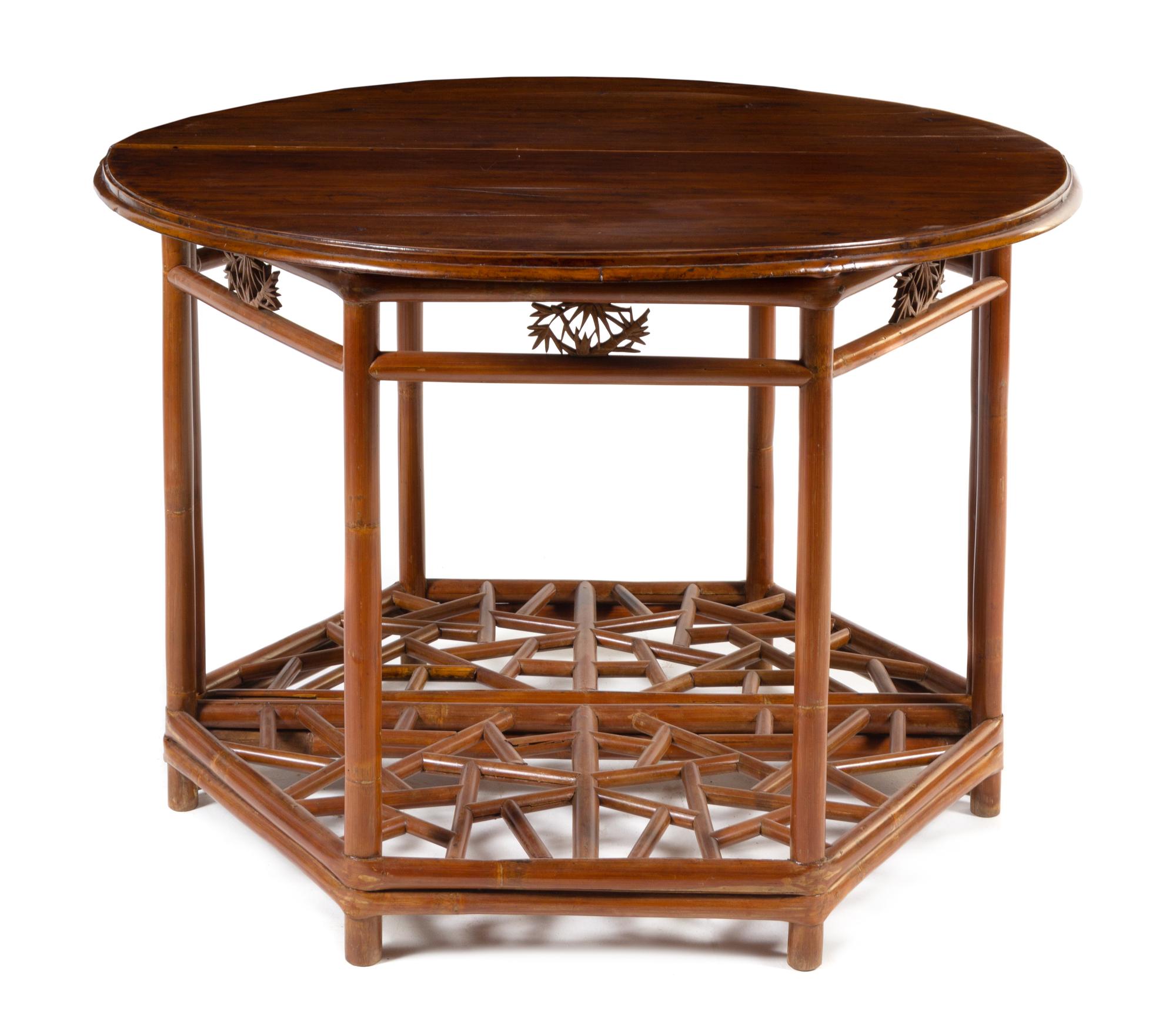 A Pair of Chinese Hardwood and Bamboo Demi-Lune Console Tables, Yueyazhuo Width 46 x height 32 1/4 x depth 23 inches. — LATE QING DYNASTY