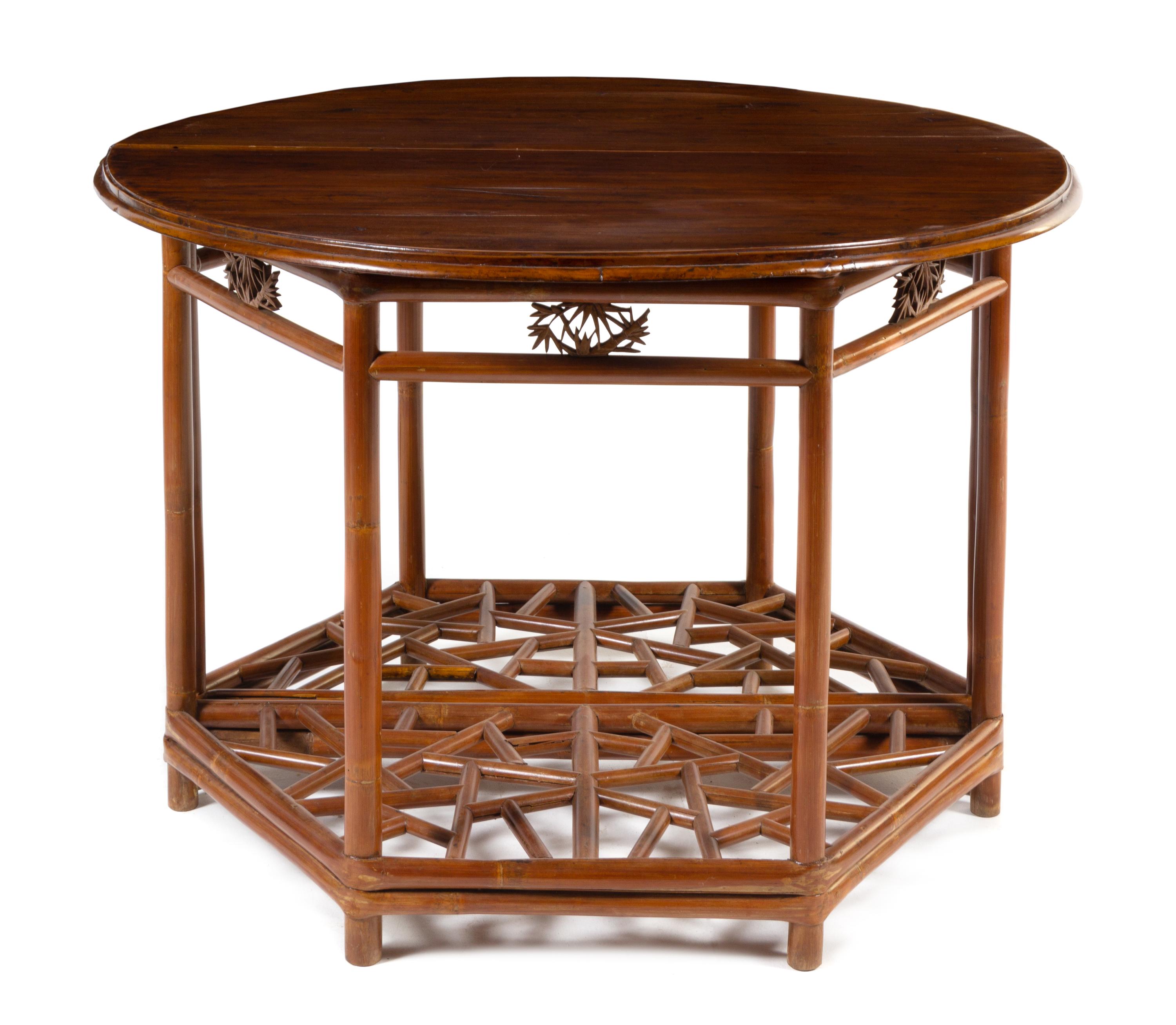 A Pair of Chinese Hardwood and Bamboo Demi-Lune Console Tables, Yueyazhuo Width 46 x height 32 1/4 x depth 23 inches. — LATE QING DYNASTY