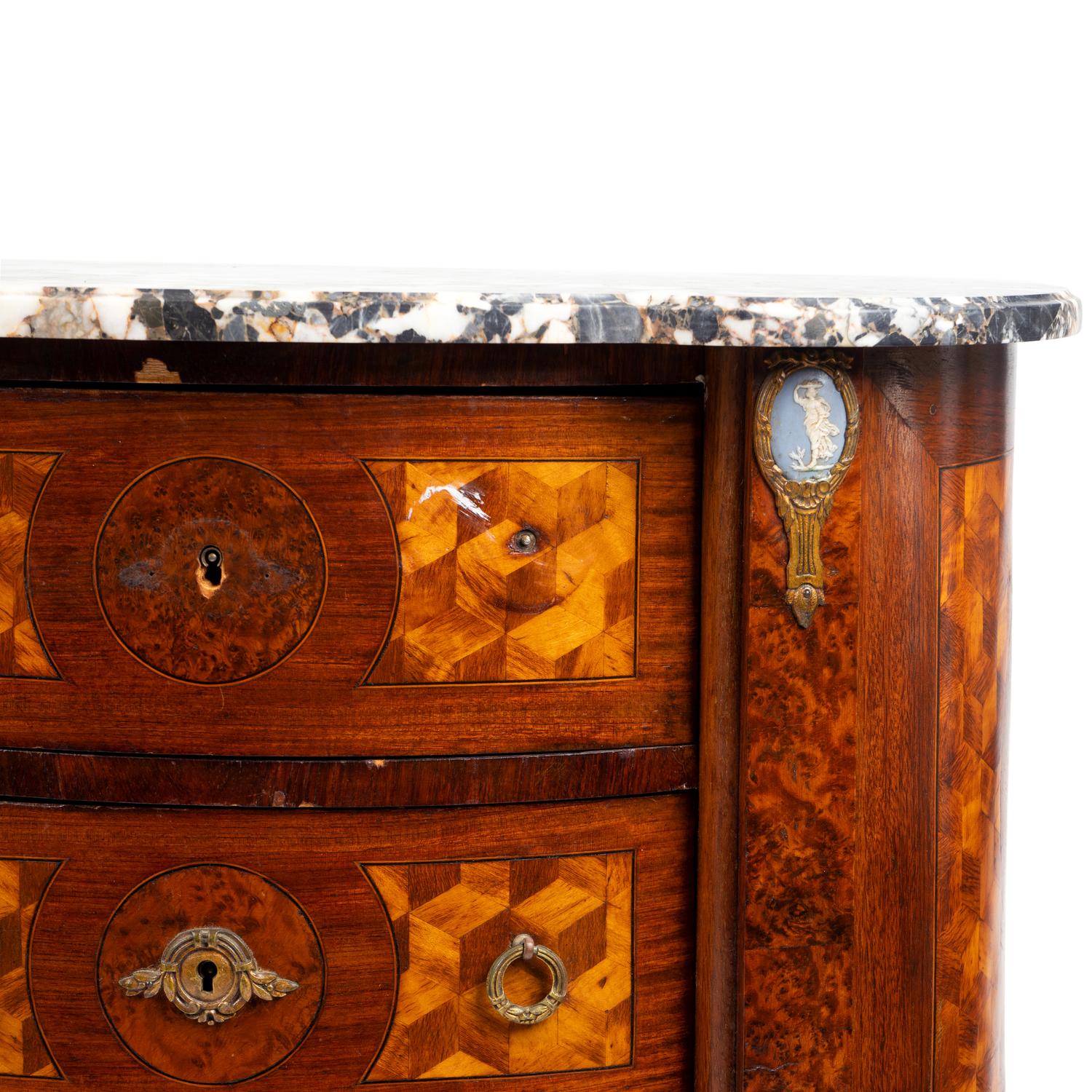 A Pair of Louis XV/XVI Transitional Style Parquetry Inlaid Marble Top Side Cabinets