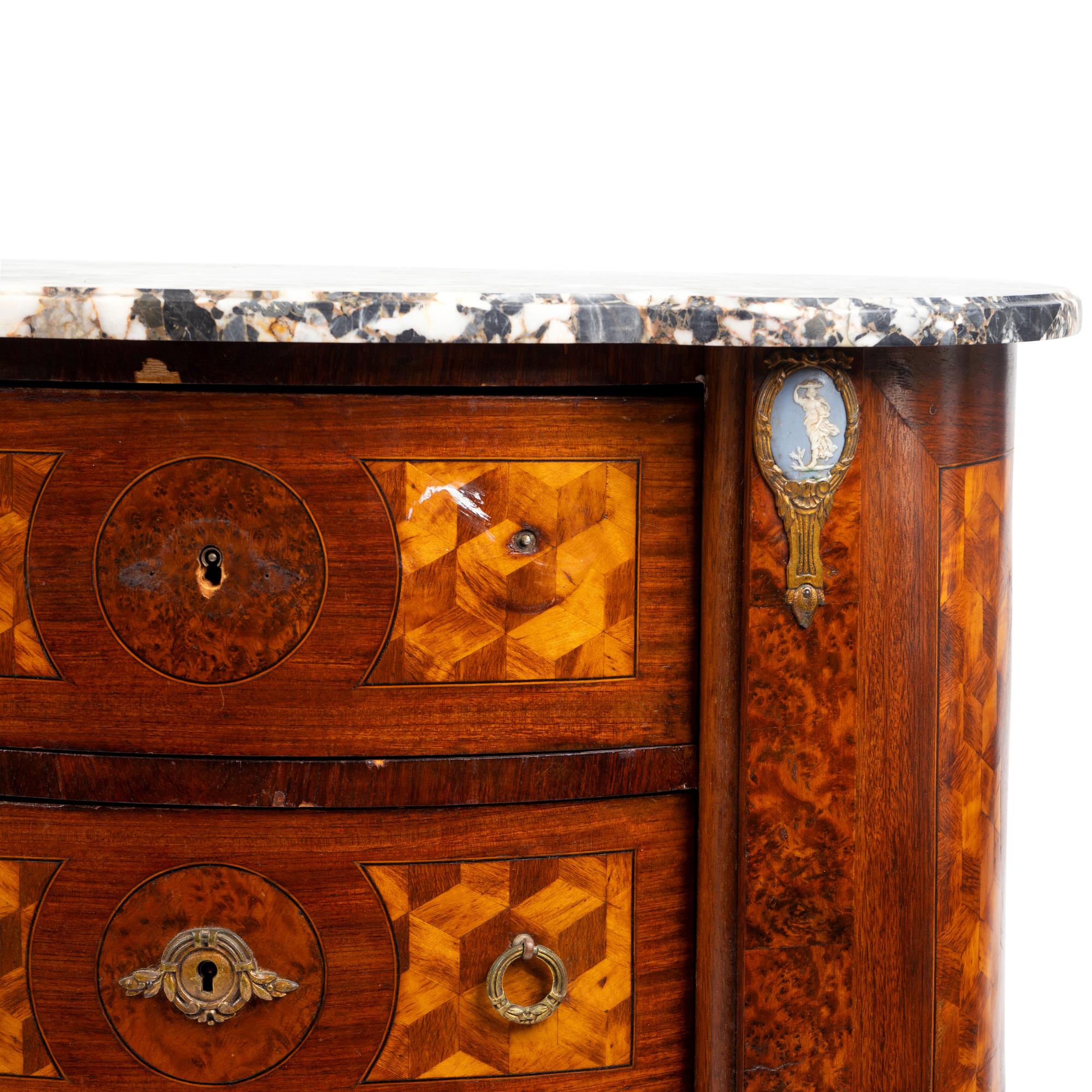 A Pair of Louis XV/XVI Transitional Style Parquetry Inlaid Marble Top Side Cabinets