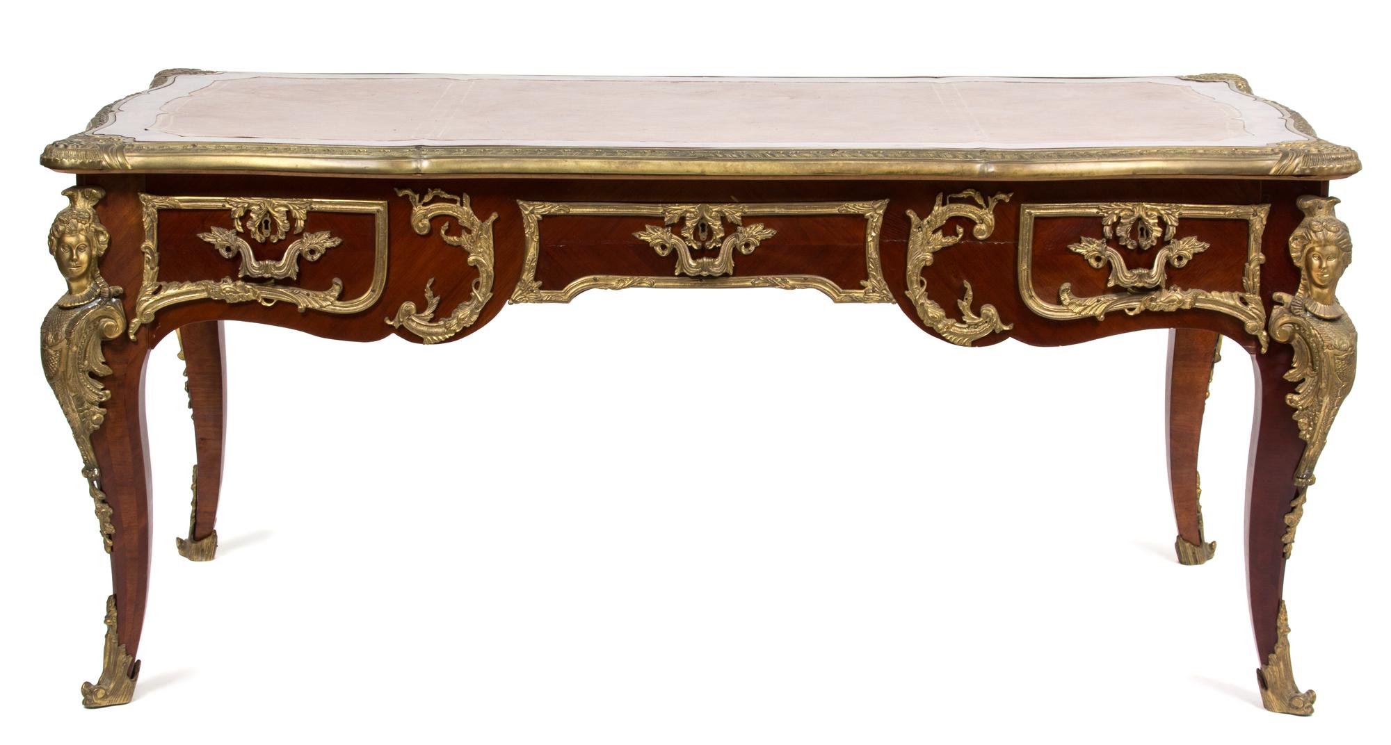 A Louis XV Style Gilt Bronze Bureau Plat Desk Height 31 1/2 x width 69 x depth 38 inches. — 20TH CENTURY