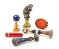 A Group of Five Continental Hardstone and Bronze Mounted Seals Height of first 3 inches.