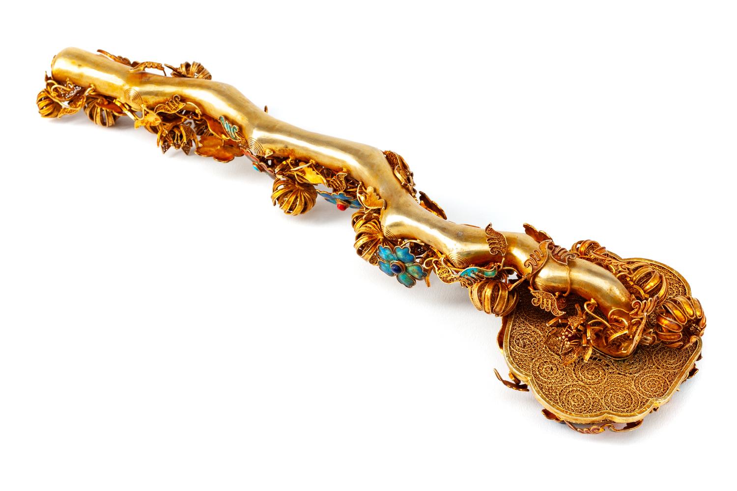 A Chinese Jeweled and Enameled Silver-Gilt Filigree Scepter
