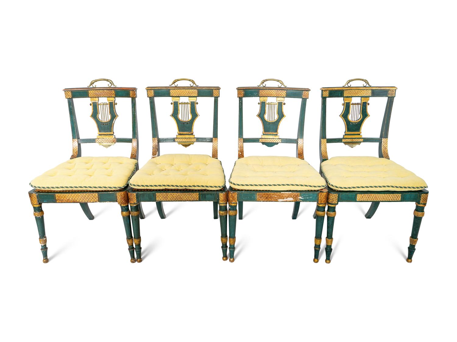 A Set of Eight Continental Green Painted and Parcel Gilt Lyre-Back Dining Chairs