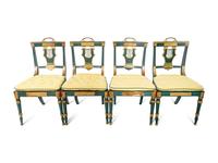 A Set of Eight Continental Green Painted and Parcel Gilt Lyre-Back Dining Chairs