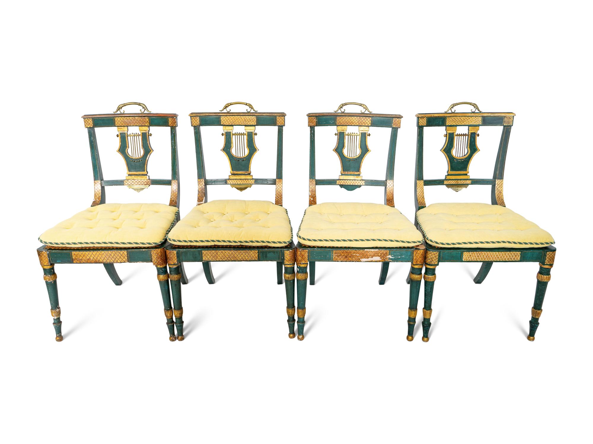 A Set of Eight Continental Green Painted and Parcel Gilt Lyre-Back Dining Chairs