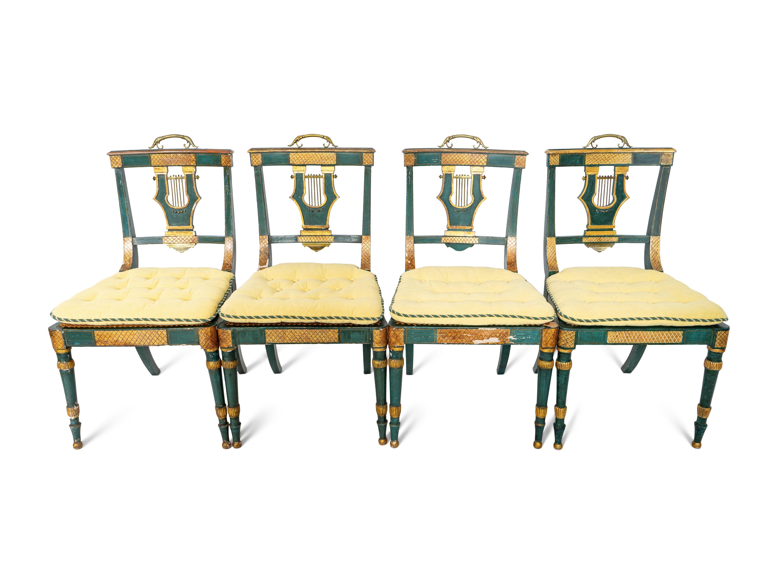 A Set of Eight Continental Green Painted and Parcel Gilt Lyre-Back Dining Chairs