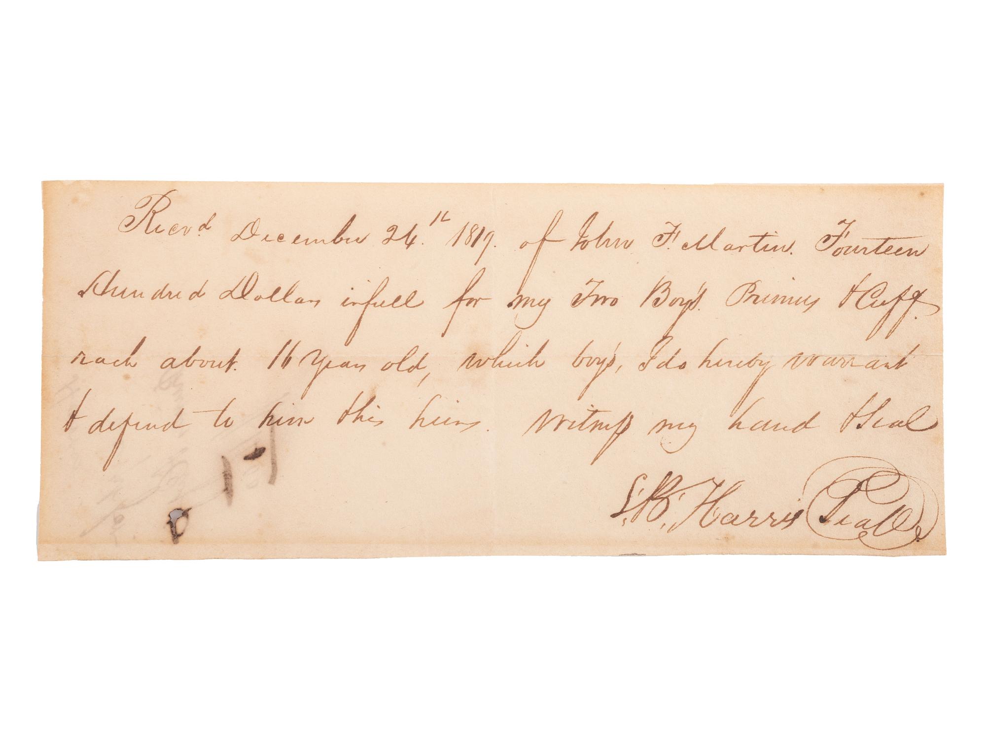 [SLAVERY & ABOLITION]. Manuscript bill of sale for enslaved African American children "Primus" and "Cuff." [Tennessee?], 24 December 1817.