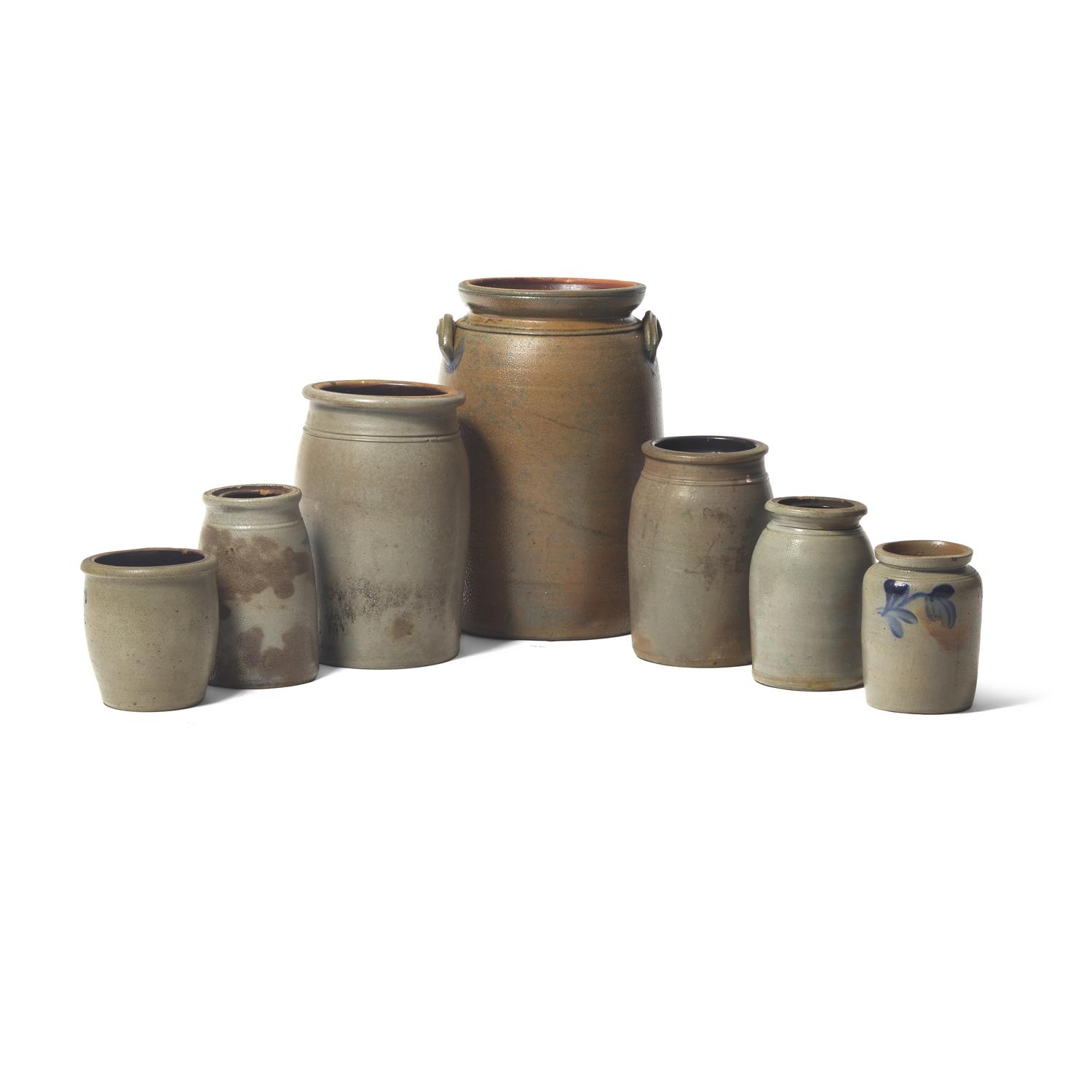Seven Cobalt-Decorated and Stenciled Stoneware Jars
