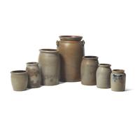 Seven Cobalt-Decorated and Stenciled Stoneware Jars