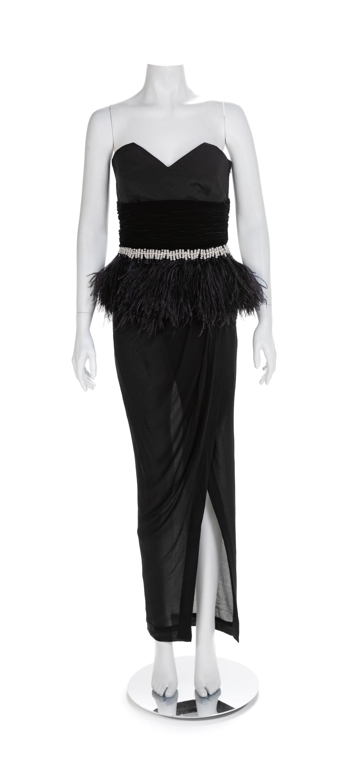 Atelier Versace Black Strapless Dress with Velvet and Feather Trim, 1990s No size label