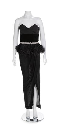 Atelier Versace Black Strapless Dress with Velvet and Feather Trim, 1990s No size label