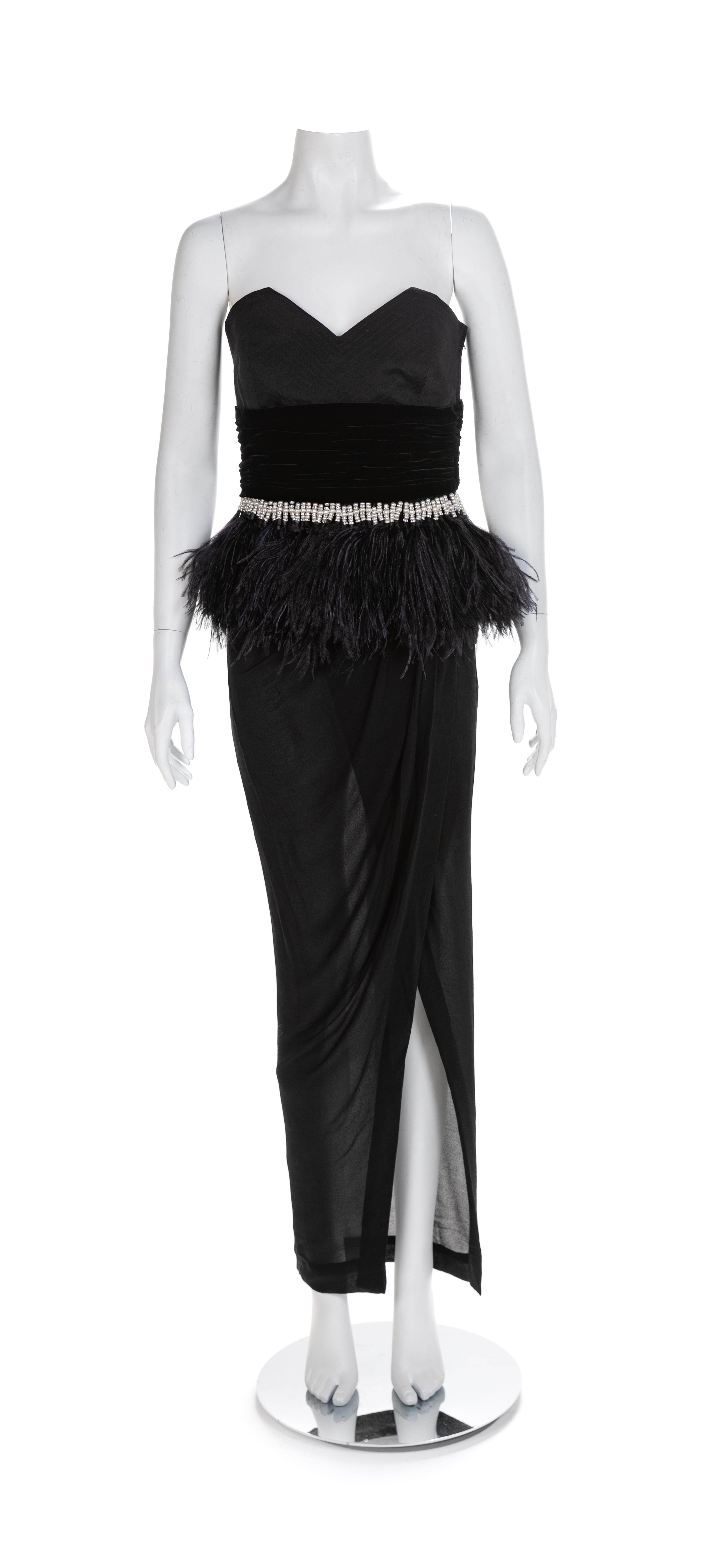 Atelier Versace Black Strapless Dress with Velvet and Feather Trim, 1990s No size label