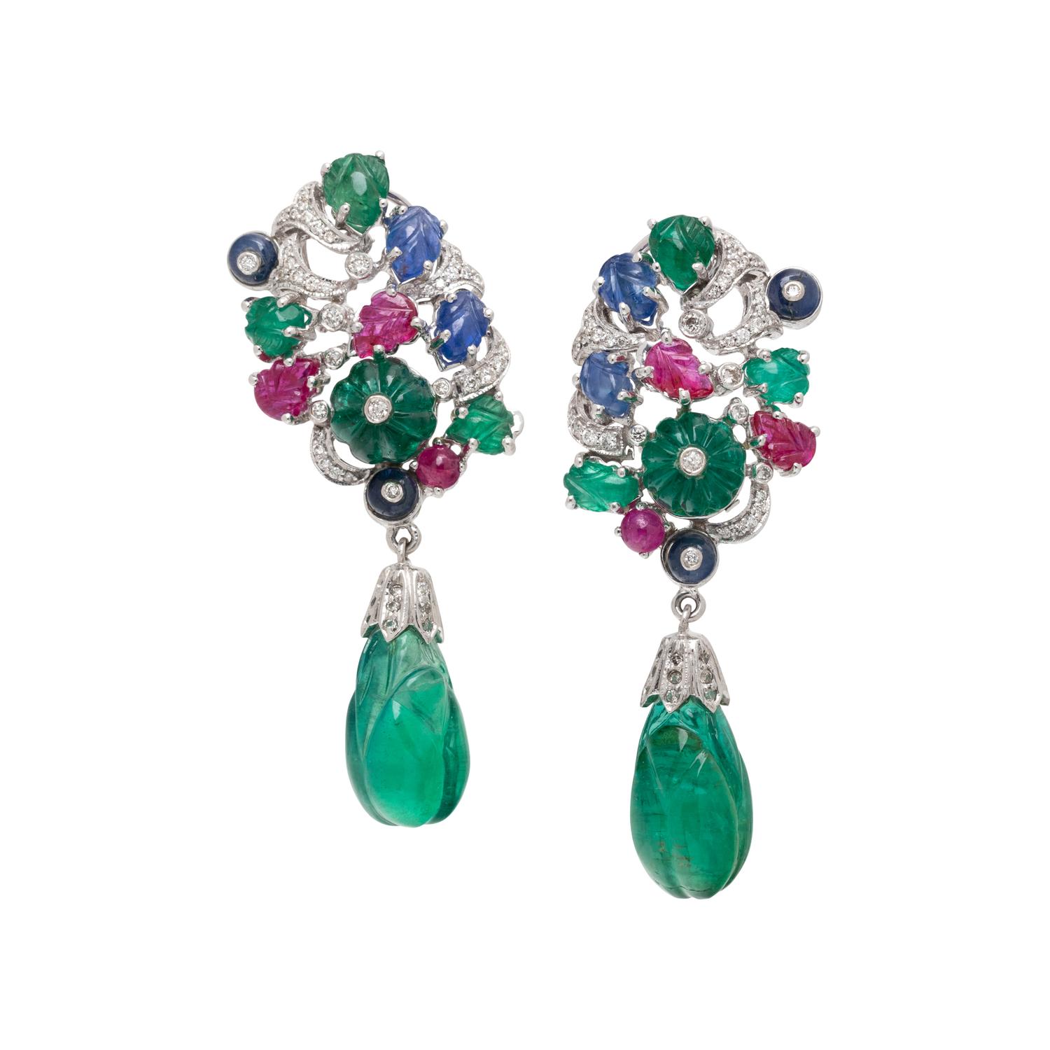 CARVED MULTIGEM AND DIAMOND EARCLIPS