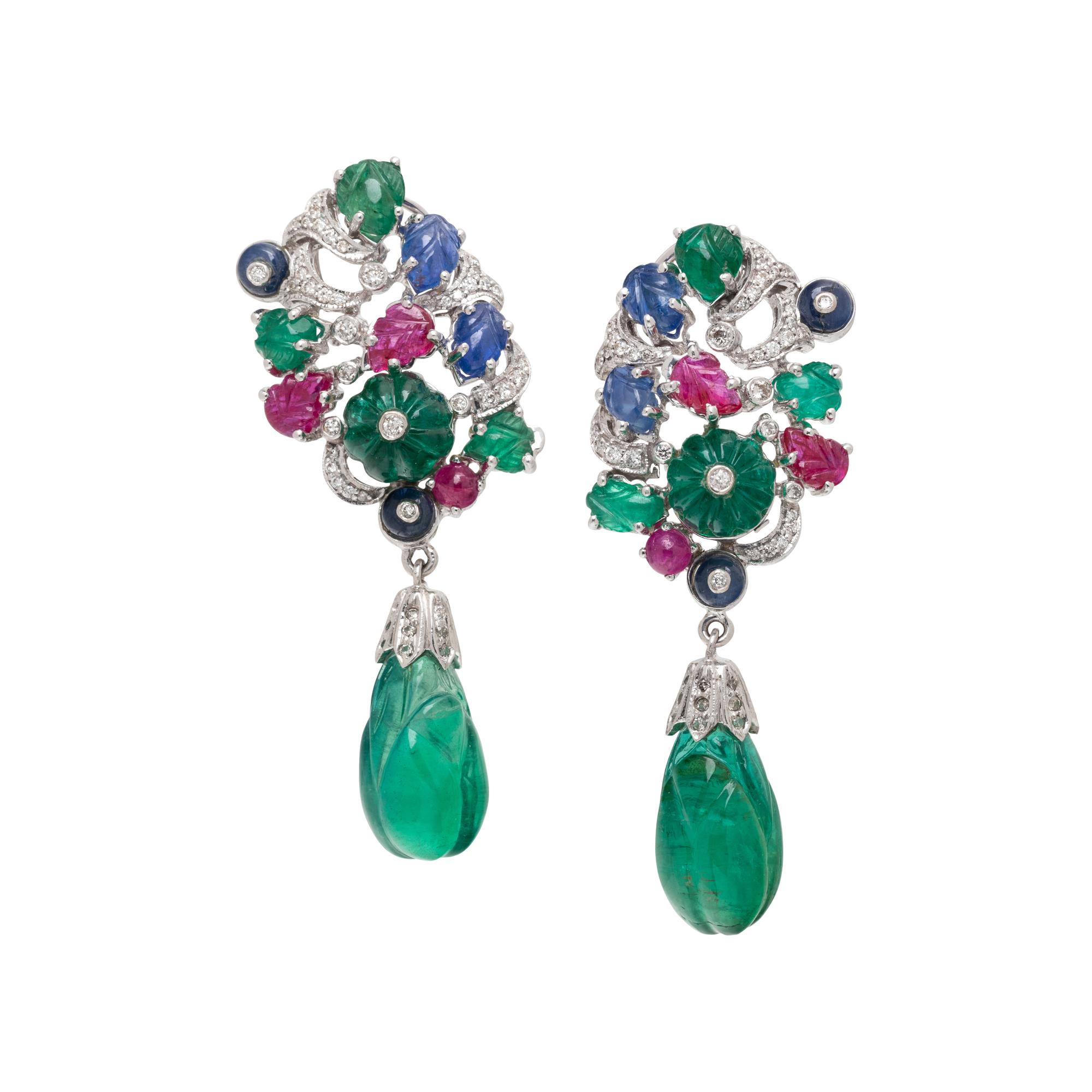 CARVED MULTIGEM AND DIAMOND EARCLIPS