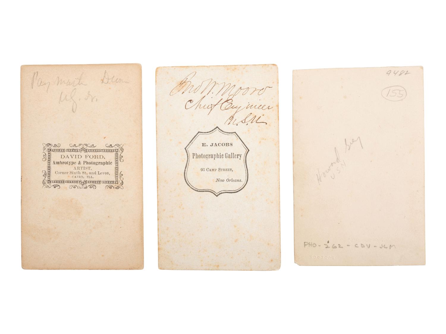 [CIVIL WAR]. A group of 3 CDVs of Brown Water Navy officers, incl. John W. Moore, Martin Duane, and Howard P. Gray.