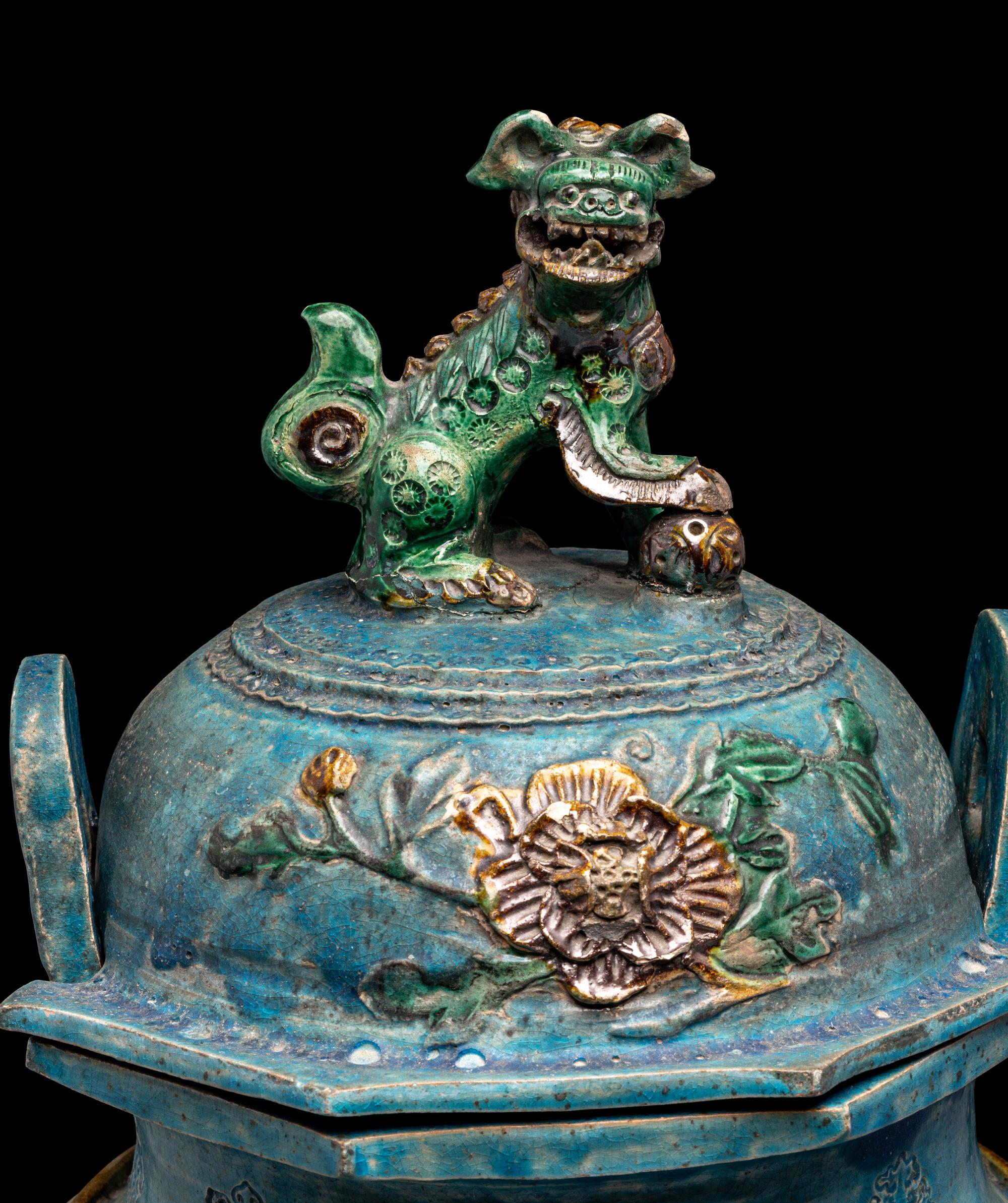 A Chinese Fahua Porcelain Incense Burner and Cover