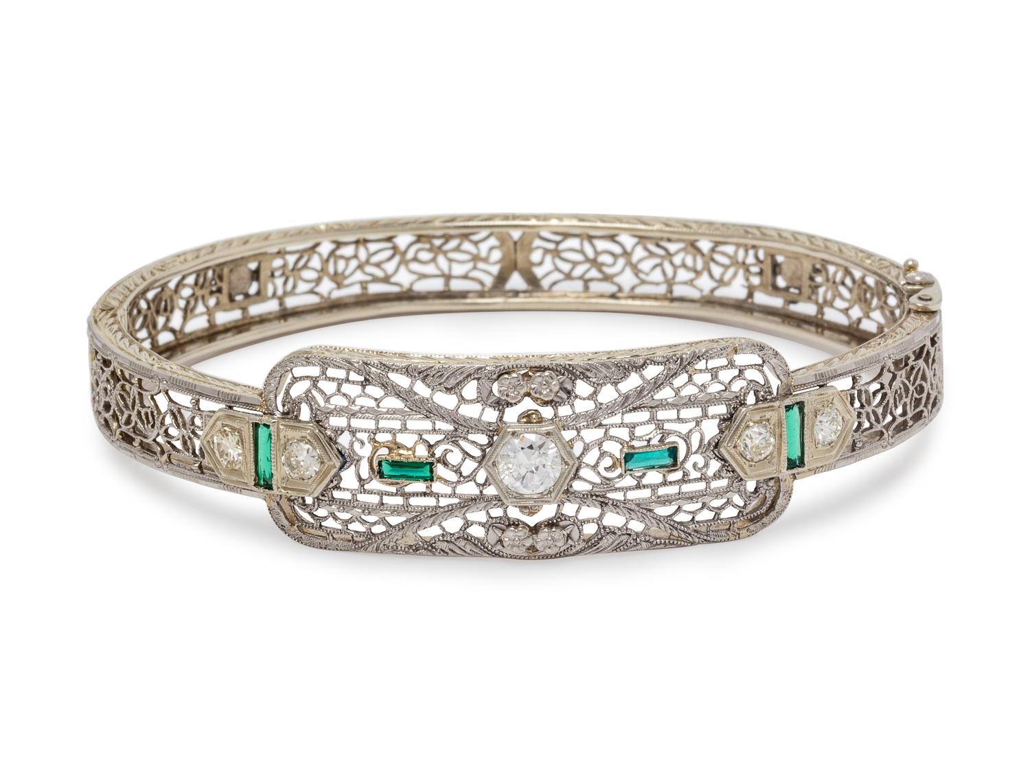 A 14 Karat White Gold, Diamond and Glass Bangle Bracelet,