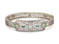 A 14 Karat White Gold, Diamond and Glass Bangle Bracelet,