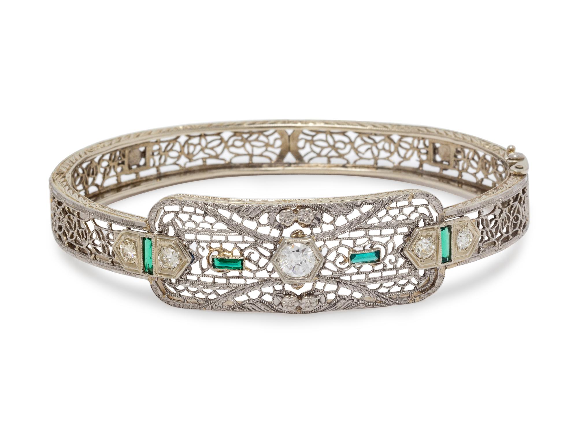 A 14 Karat White Gold, Diamond and Glass Bangle Bracelet,