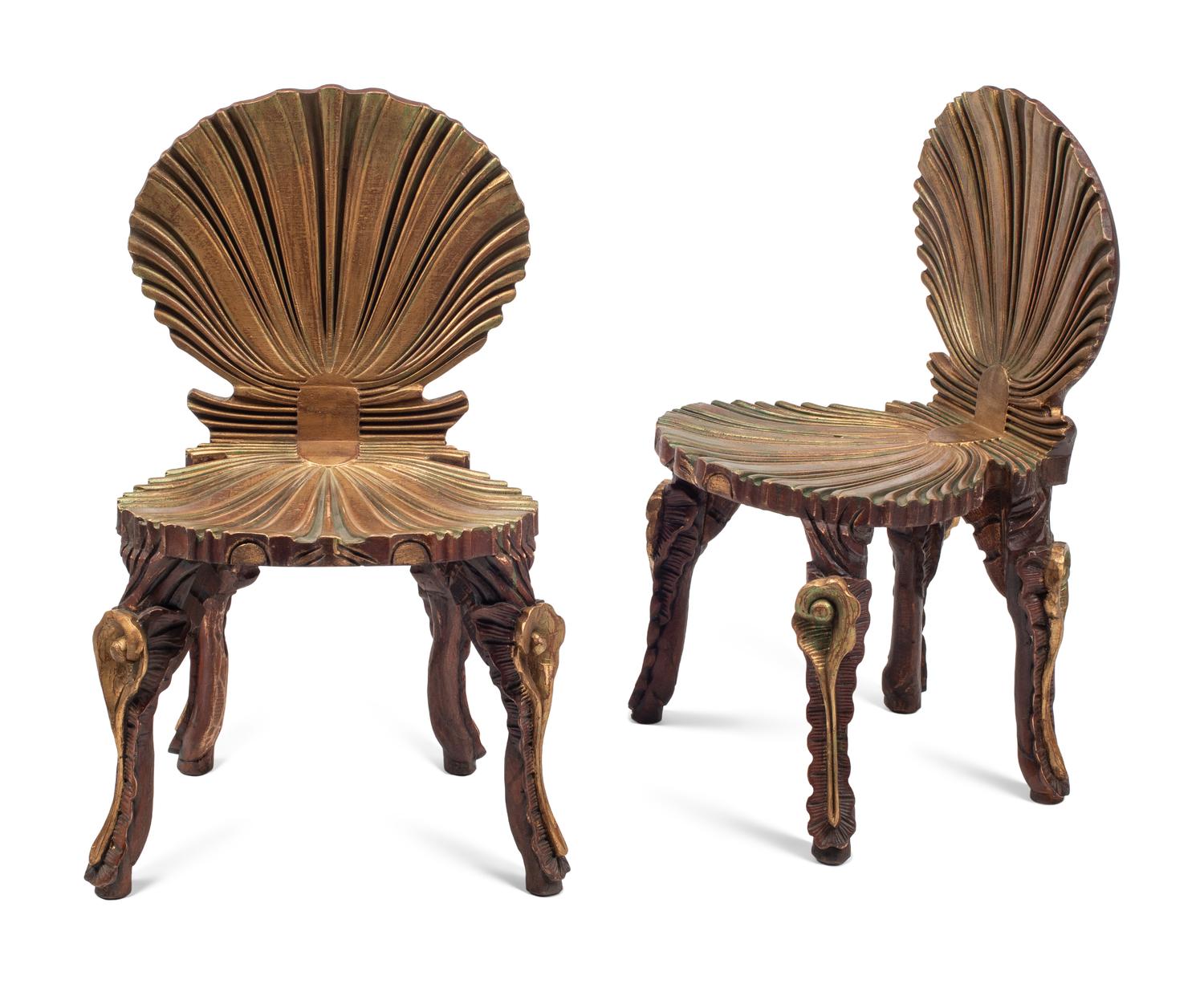 A Pair of Venetian Grotto Style Painted and Parcel Gilt Chairs