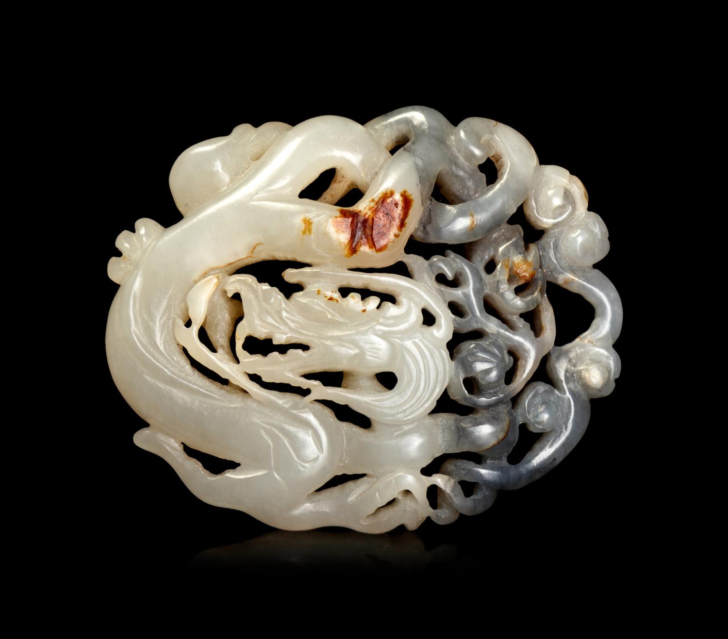 A Grey and White Jade Carving of Double Dragons