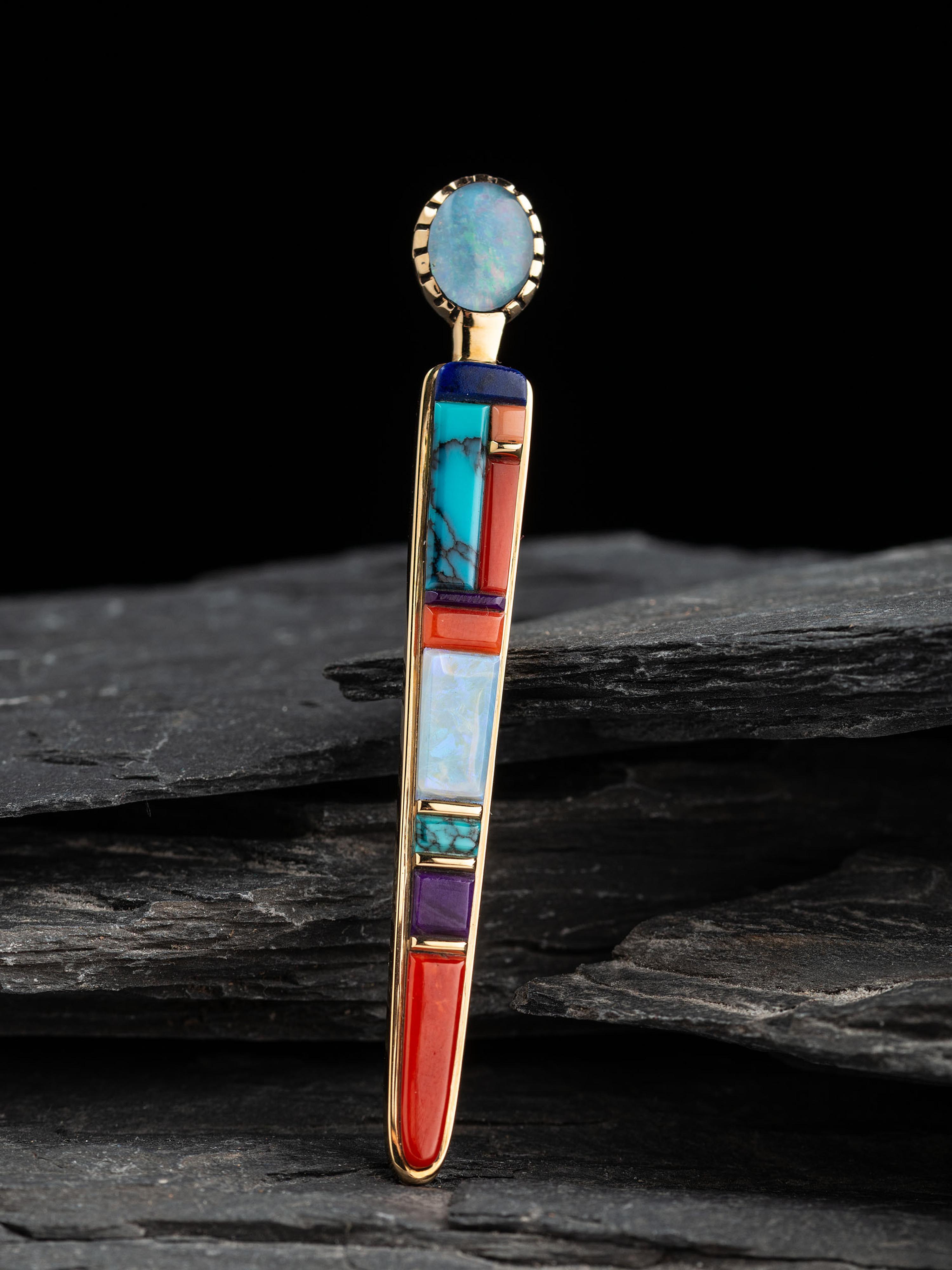 Verma Nequatewa, Sonwai (Hopi, b. 1949) — 18K Gold Corn Maiden Brooch / Pin, set with Opal, Turquoise, Coral, and Sugilite