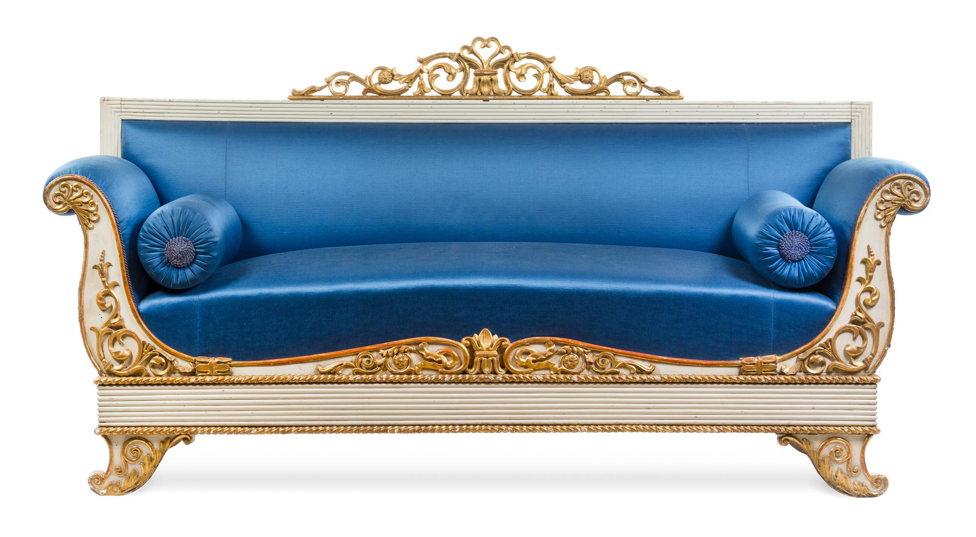 An Italian Painted and Parcel Gilt Sofa Height 36 x width 80 x depth 27 inches. — PIEDMONT, CIRCA 1790