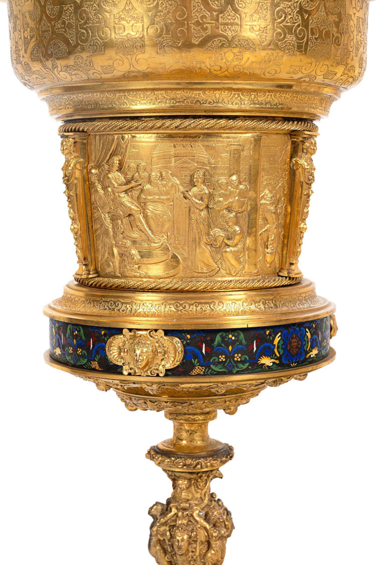 An Elkington & Co. Victorian Gilt Bronze and Champlevé Wine Cooler On Stand