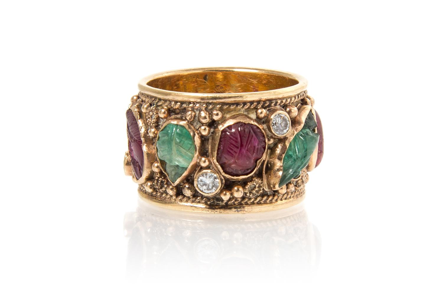 A 14 Karat Yellow Gold, Emerald, Ruby and Diamond Ring, 5.50 dwts.
