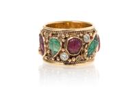 A 14 Karat Yellow Gold, Emerald, Ruby and Diamond Ring, 5.50 dwts.
