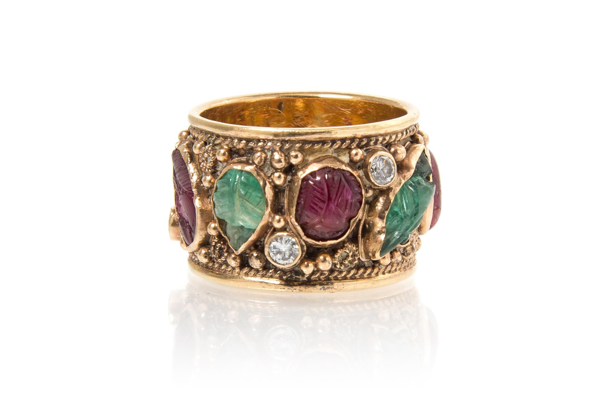 A 14 Karat Yellow Gold, Emerald, Ruby and Diamond Ring, 5.50 dwts.