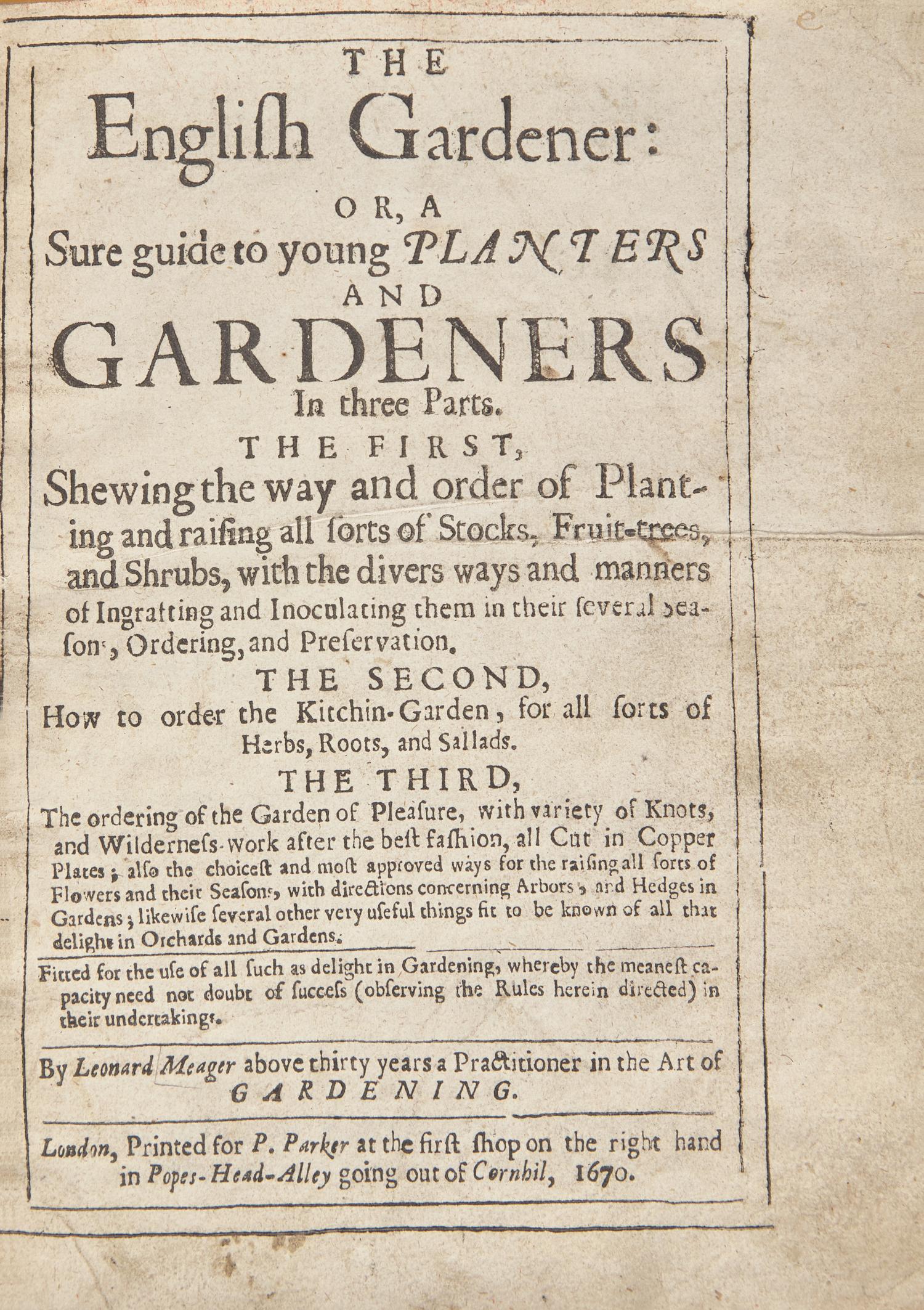 [Gardening] Meager, Leonard. The English Gardener: Or, a Sure guide to young Planters and Gardeners...