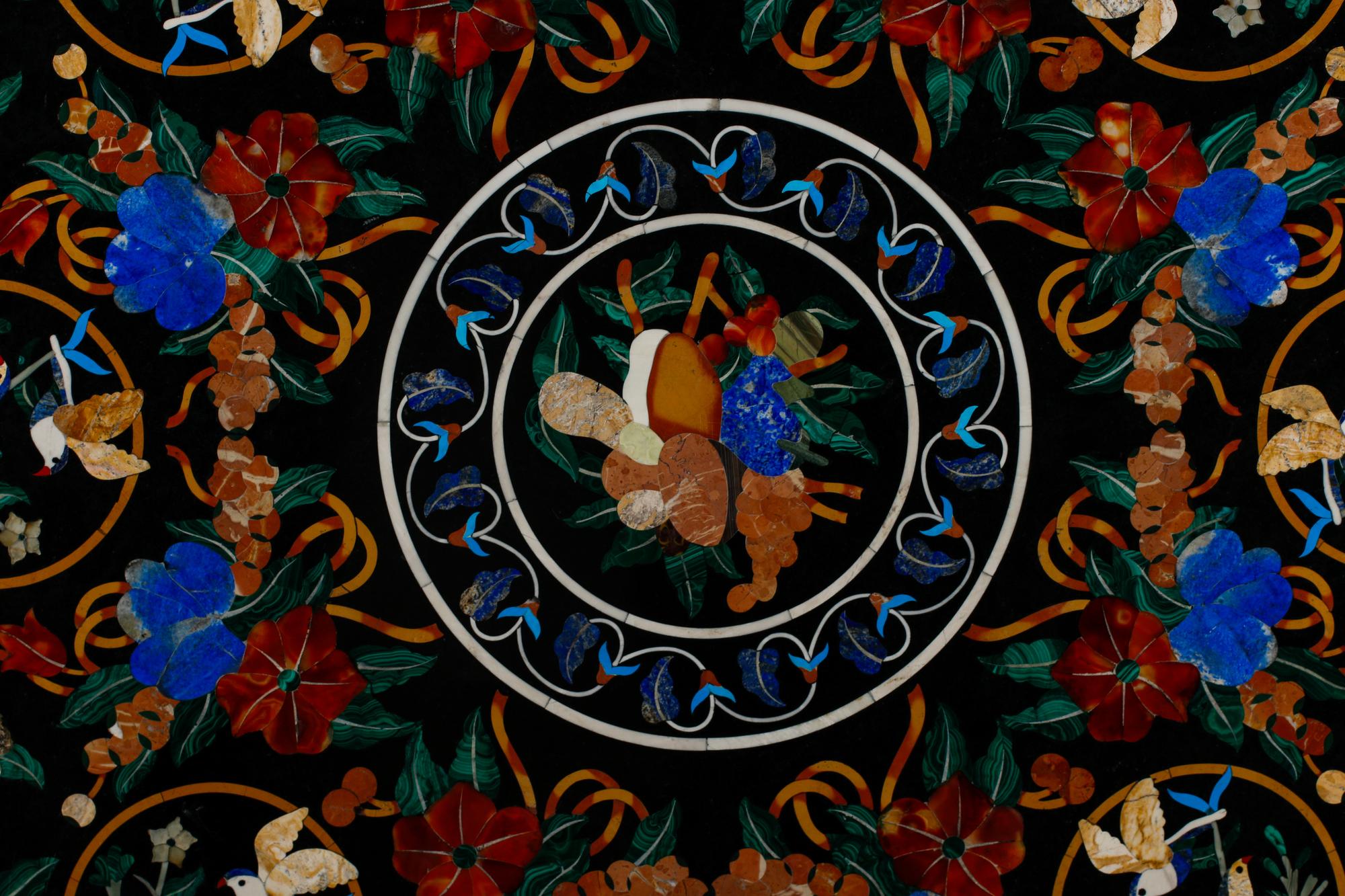 A Large Italian Pietra Dura Table Top on a Bronze Base