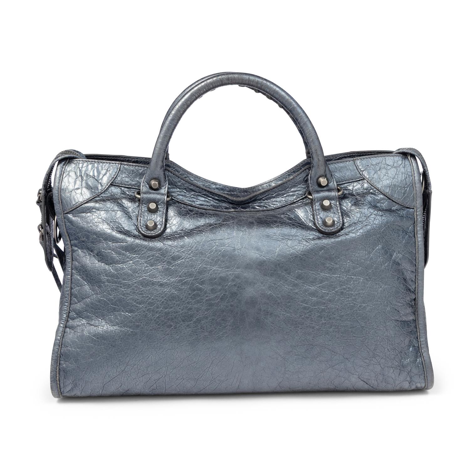 BALENCIAGA, METALLIC STEEL BLUE MEDIUM CITY BAG