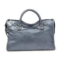 BALENCIAGA, METALLIC STEEL BLUE MEDIUM CITY BAG