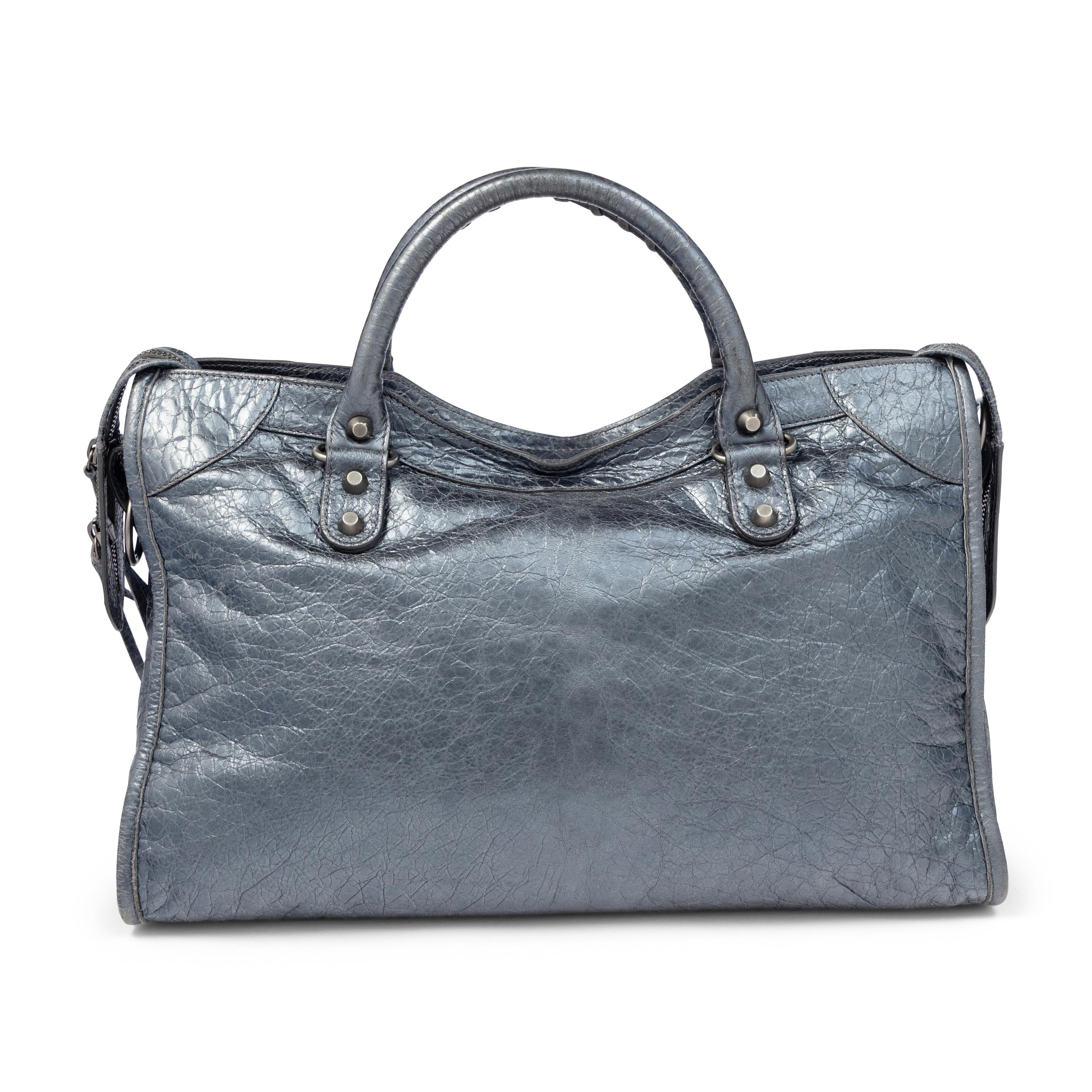 BALENCIAGA, METALLIC STEEL BLUE MEDIUM CITY BAG