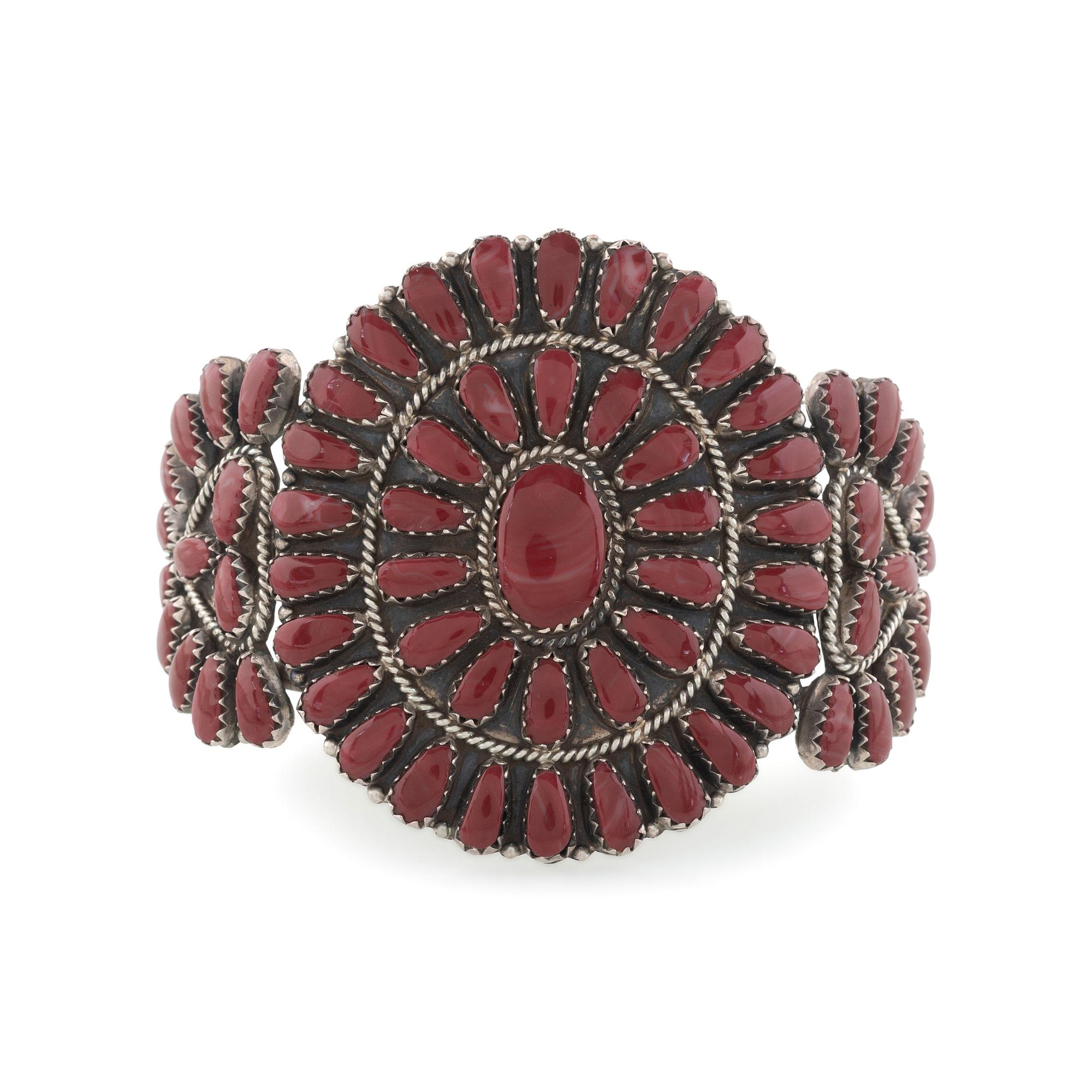 Sterling Silver and Coral Cluster Cuff Bracelet