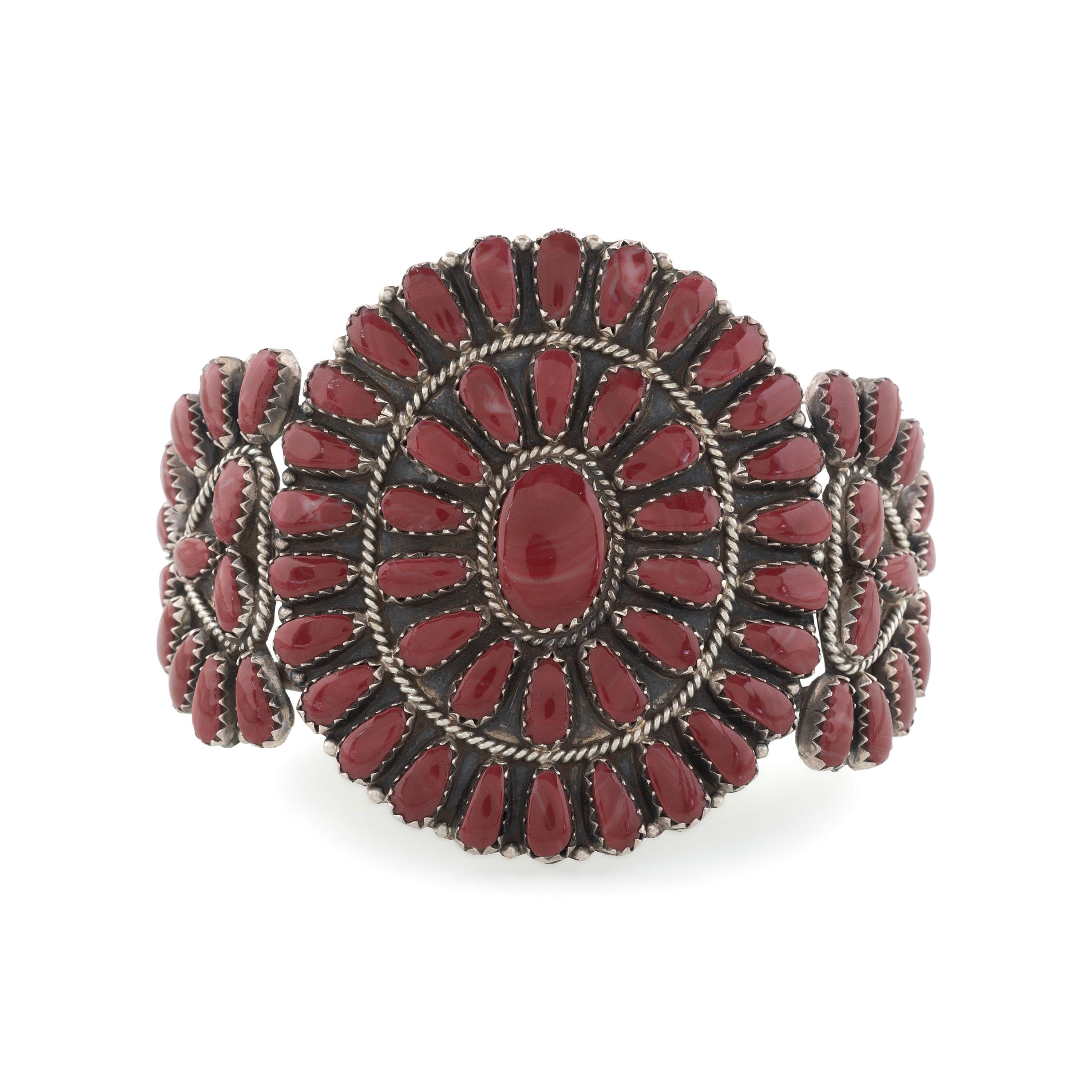 Sterling Silver and Coral Cluster Cuff Bracelet