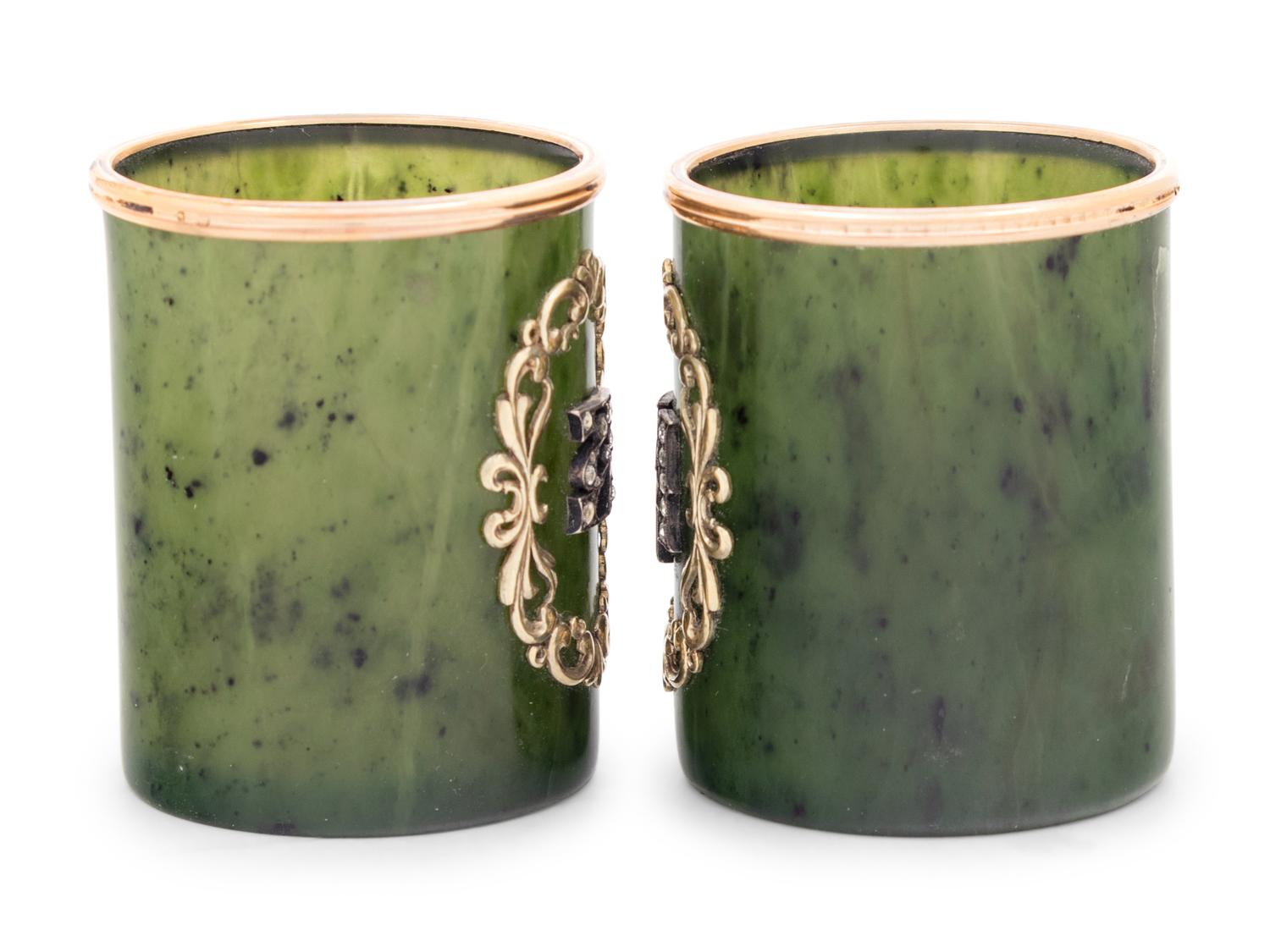 A Pair of Russian 14-Karat Gold and Diamond Mounted Jade Cordials
